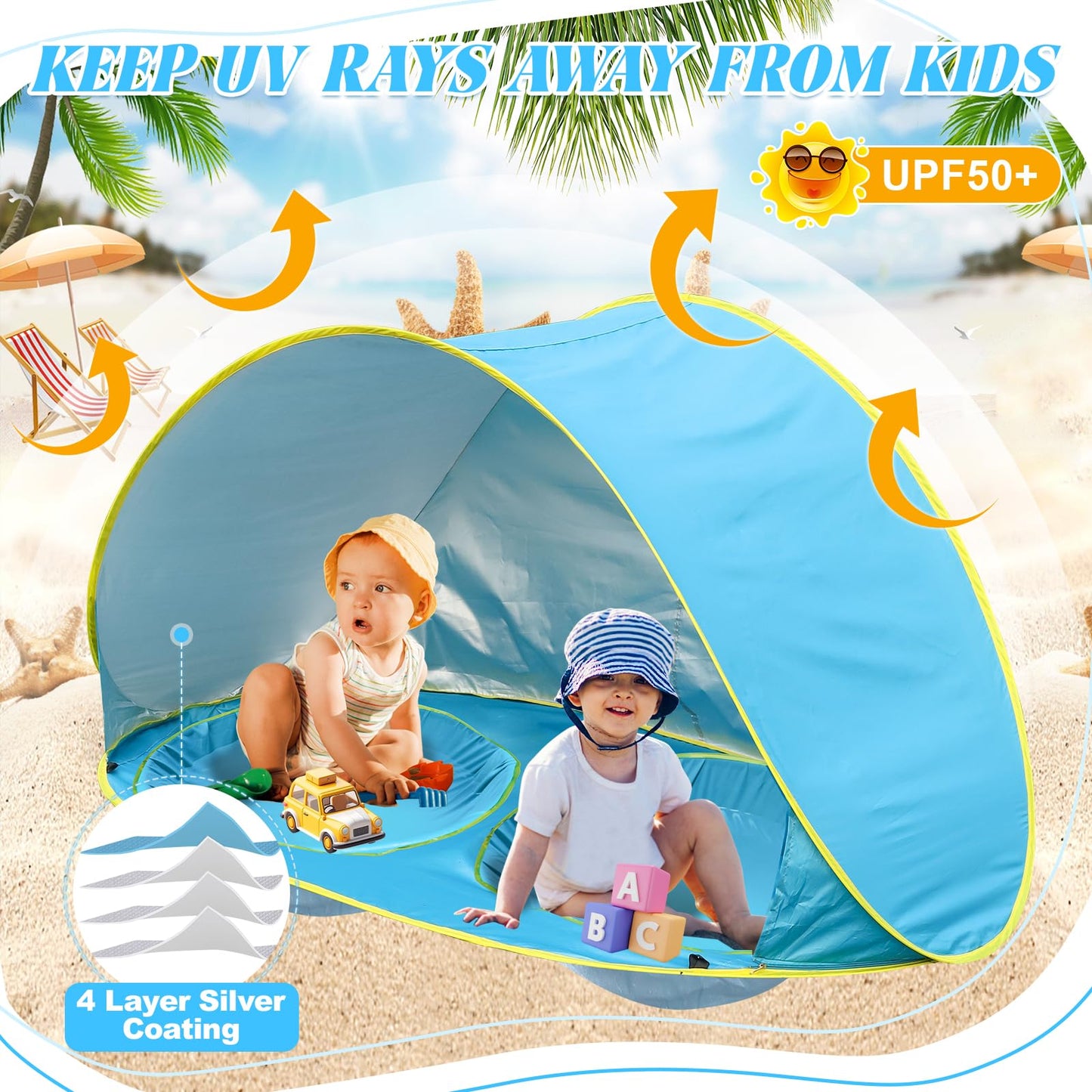QTREE intelligence Baby Beach Tent-2 Pools Pop Up UPF 50+ Sunshade with Carry Bag, Portable for Travel,Beach,Camping,Indoor