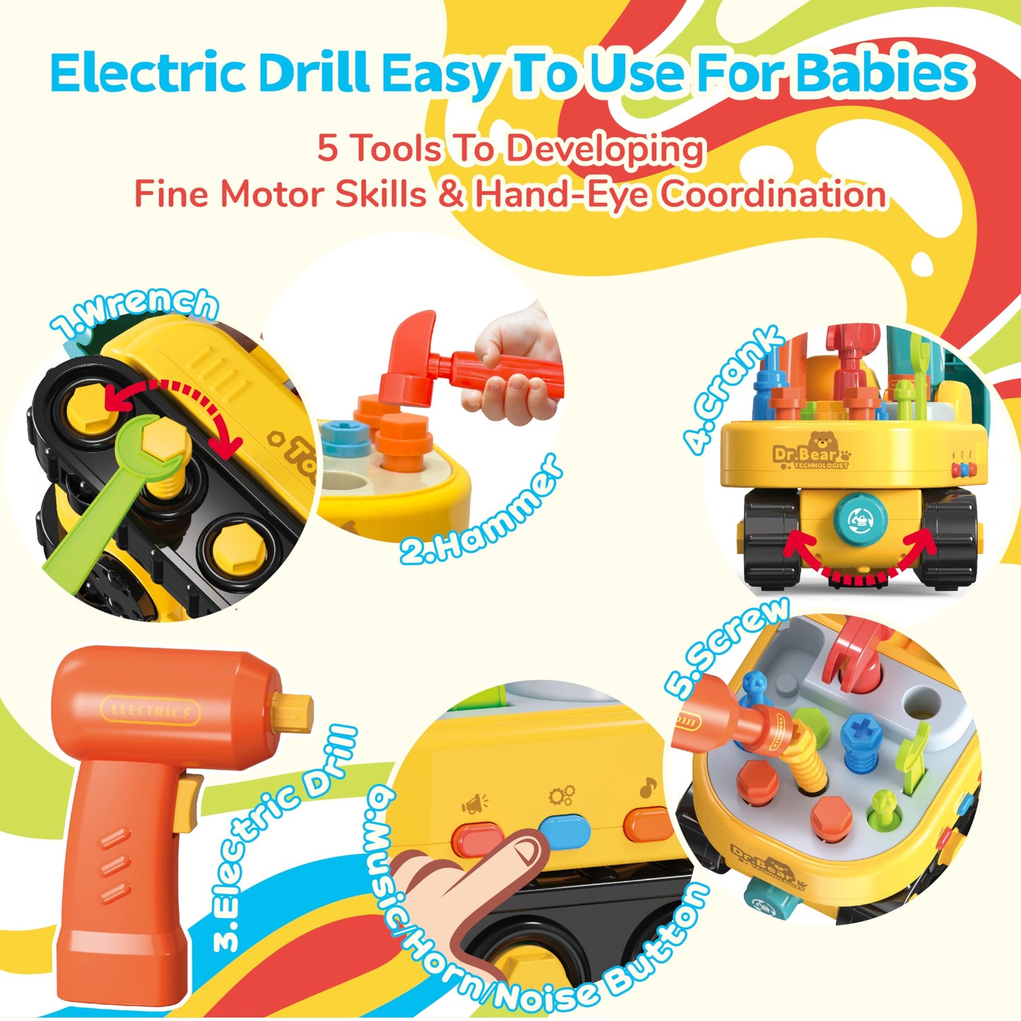 Lechonix Toddler Tool Set—Excavator Take Apart Toys with Electric Drill & Screwdriver & Wrench, Montessori STEM Learning Pretend Construction Toy for 1-6 Years Old Kids Birthday Gift, Musical & Light