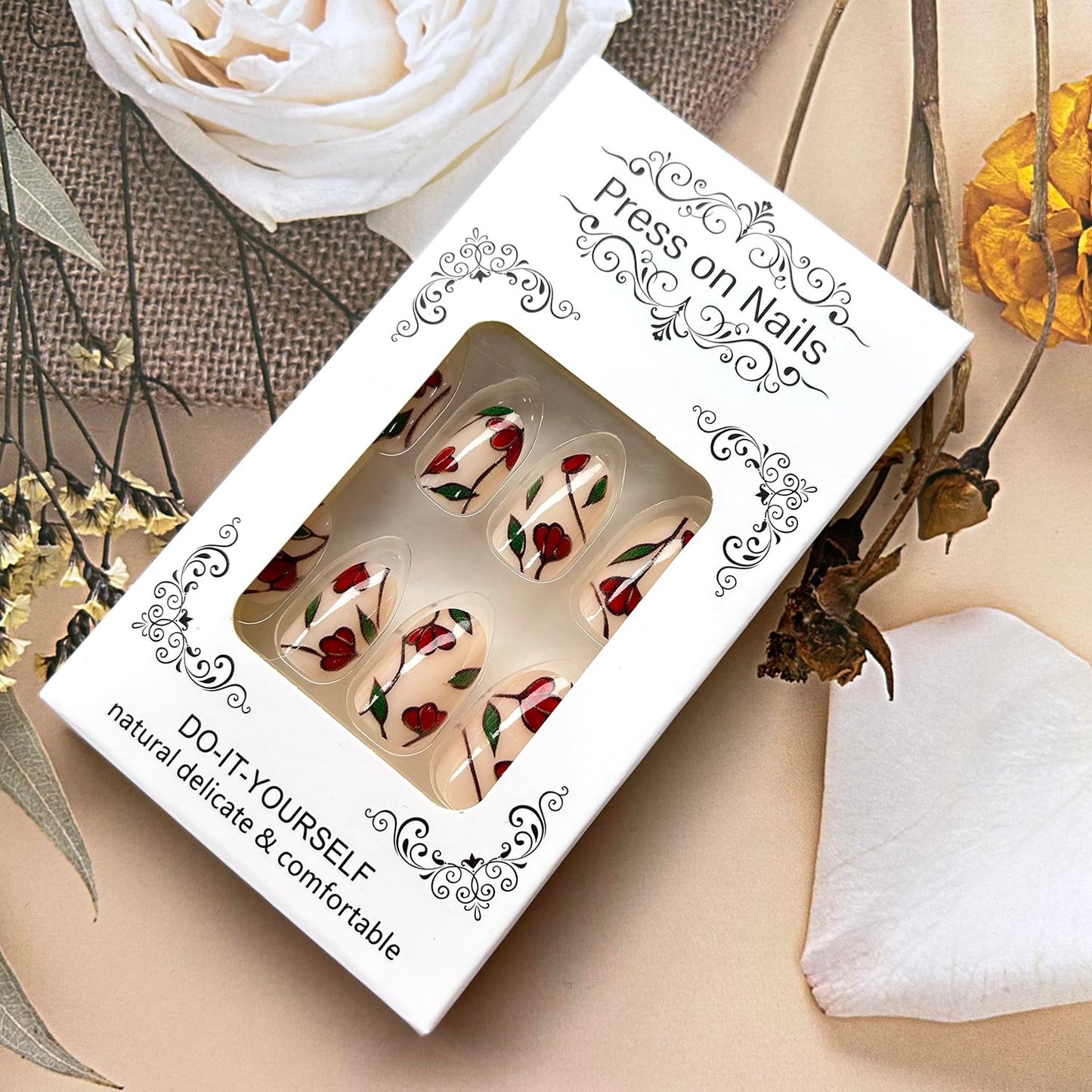 TBRZTR Flower Press on Nails Medium Almond Shaped Red Floral Pattern Design Full Cover Glossy Almond False Nail Reusable Artificial Acrylic Nail DIY Press Ons Stick on Nails for Women 24Pcs