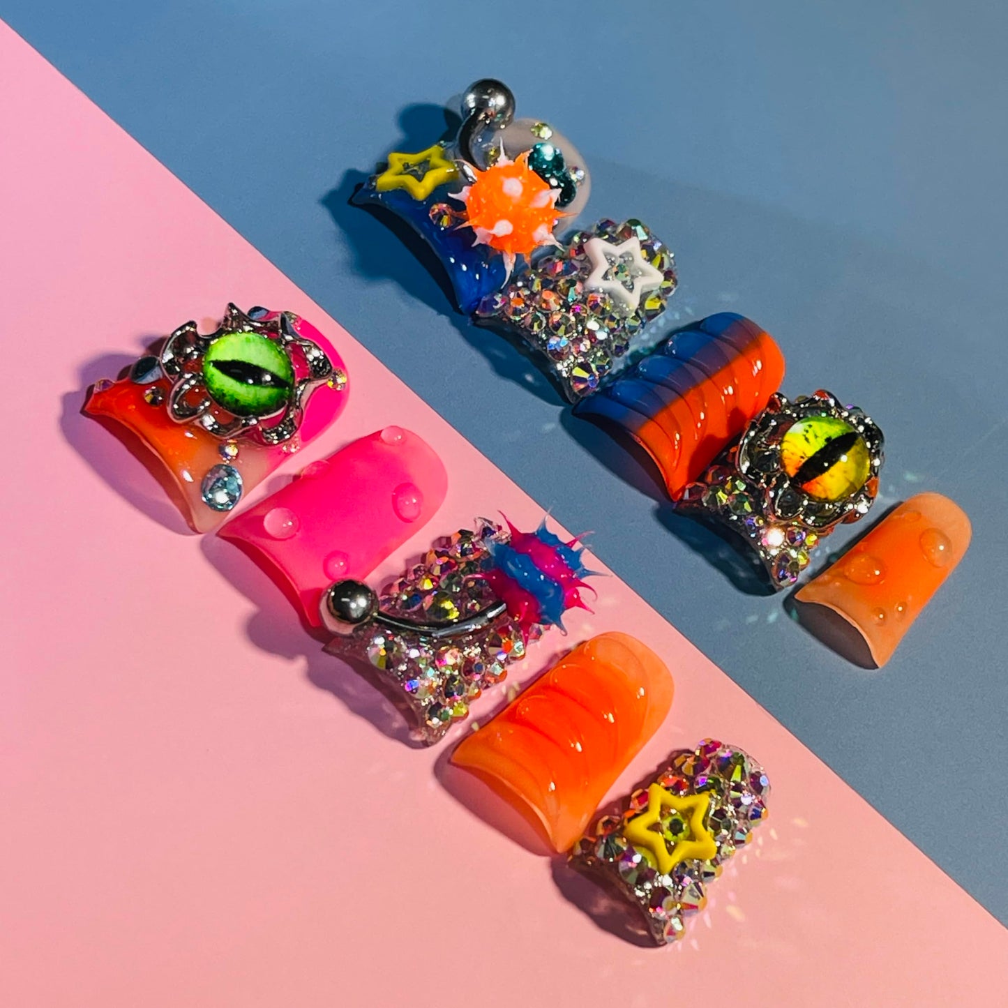 IntoVibes Handmade Short Duck Press On Nails, Orange Barbell Charm And Y2K, 10 Pieces Reusable Acrylic False Nails, Size Large