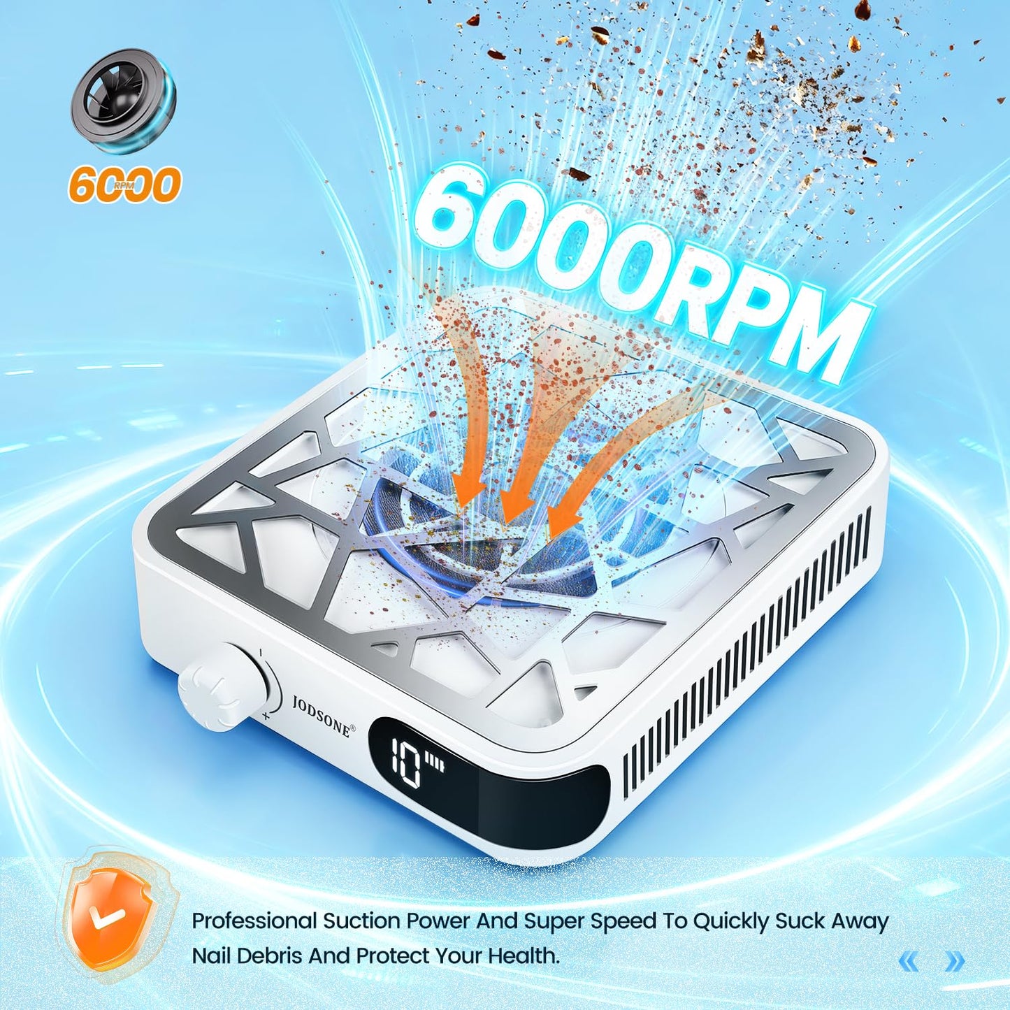JODSONE Mini 6000RPM Nail Dust Collector with 30 Filters 10-Speed Adjustment Rechargeable Portable Nail Salon Professional Use
