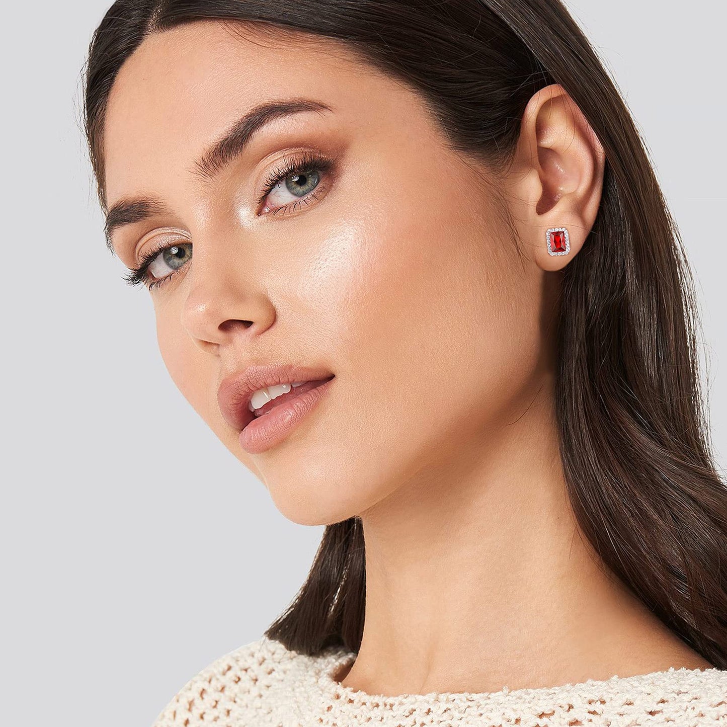 Bestyle 925 Sterling Silver Birthstone Earrings Love Square Cut Cubic Zirconia Stud, Brilliant Created July Ruby Earrings for Women