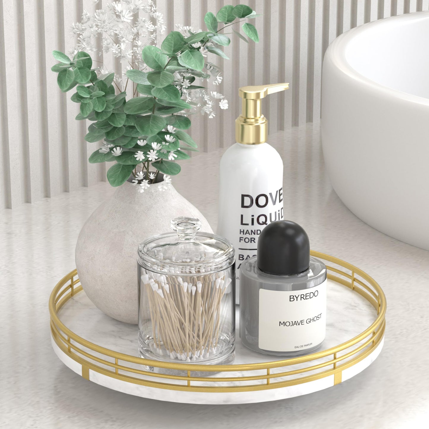 White Marble Lazy Susan Turntable for Table Top – 10” Round Marble Tray Organizer for Bathrroom, Vanity, Dining Table, Kitchen Countertop & Bar, Luxury Stone Serving Tray with Gold Frame