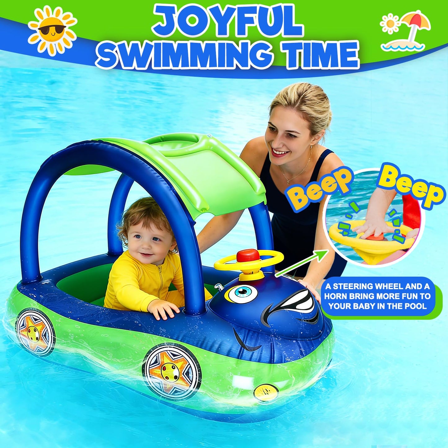 iGeeKid Inflatable Baby Pool Float with Canopy, Safty Seat for Infant Baby Swim Float Rings Car Shaped Swimming Pool Floaties for Babies Toddler Age of 18-36 Months (Blue)