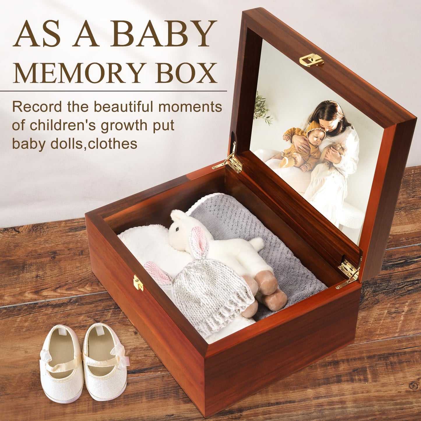 Large Wooden Keepsake Box with Hinged Lid and Photo Frame - Elegant Wedding Memory Box, Ideal for Photos, Letters, Time Capsules, Bride Gift, Decorative Storage，5.5“*8.6”*11.3“