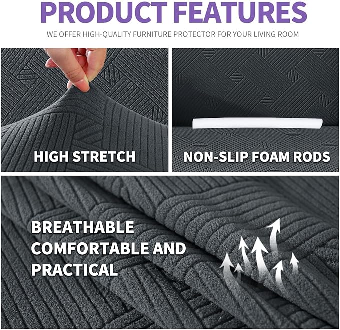 ZNSAYOTX Super Stretch Couch Cover (72"-92"), New Striped Sofa Covers Fitted Slipcovers with Elastic Bottom, Dog Cat Pets Proof Spandex Fabric Comfortable & Durable (Dark Grey, Sofa)