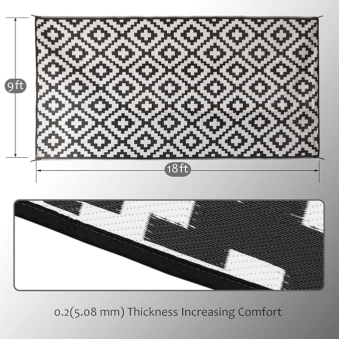 SAND MINE Waterproof Outdoor Rug 9x18 ft, Plastic Straw Rug, Modern Area Rug, Large Floor Mat, RV, Patio, Backyard, Deck, Picnic, Beach, Trailer, Camping (9' x 18', Black & White Lattice)