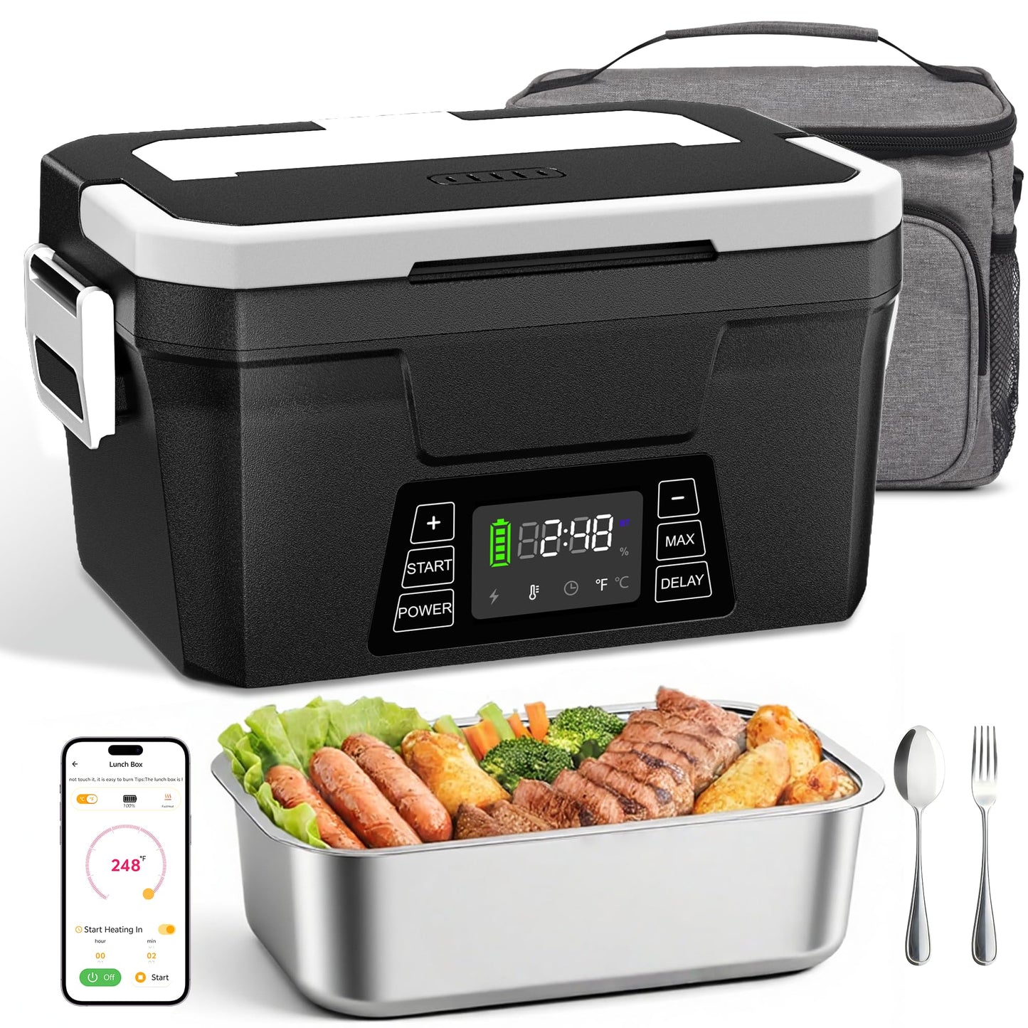 Vabaso Cordless Electric Lunch Box for Adults, App Control Heated Lunch Box with 27000mAh Detachable Battery, 1.2L Self Heating Lunchbox with Timer, Memory & Auto Keep Warm for Work Travel Outdoor