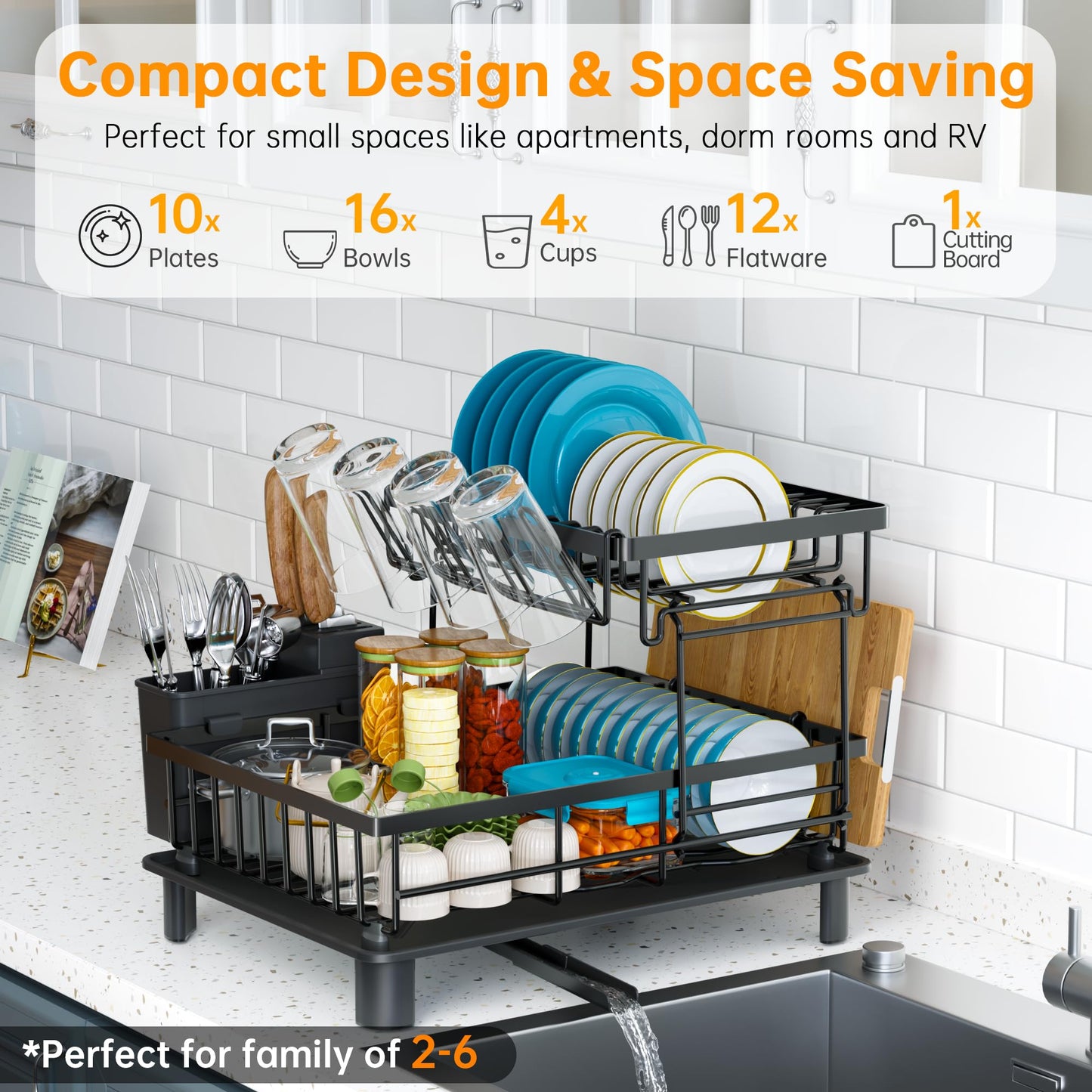 IMXSUMDA Dish Drying Rack, 2 Tier Dish Racks for Kitchen Counter, Compact Drying Rack Kitchen, Rust-Resistant Dish Drainer, Detachable Space-Saving Dish Rack with Drainboard, Utensil Holder, Black