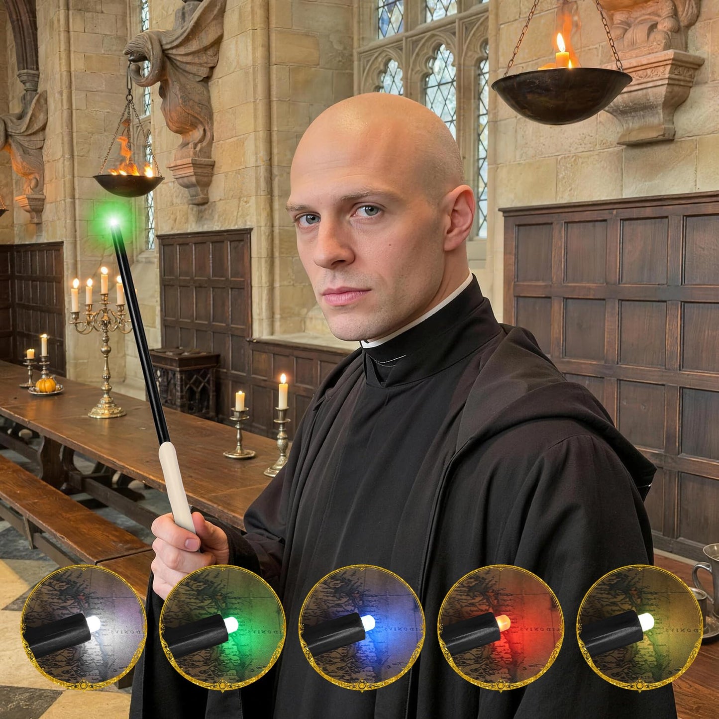EnrichFun Light Up Wizard Magic Wand with 5 Static Color Lights Rechargeable LED Resin Witch Wands for Kids Cosplay Collection, with Acrylic Stand, (Bone)