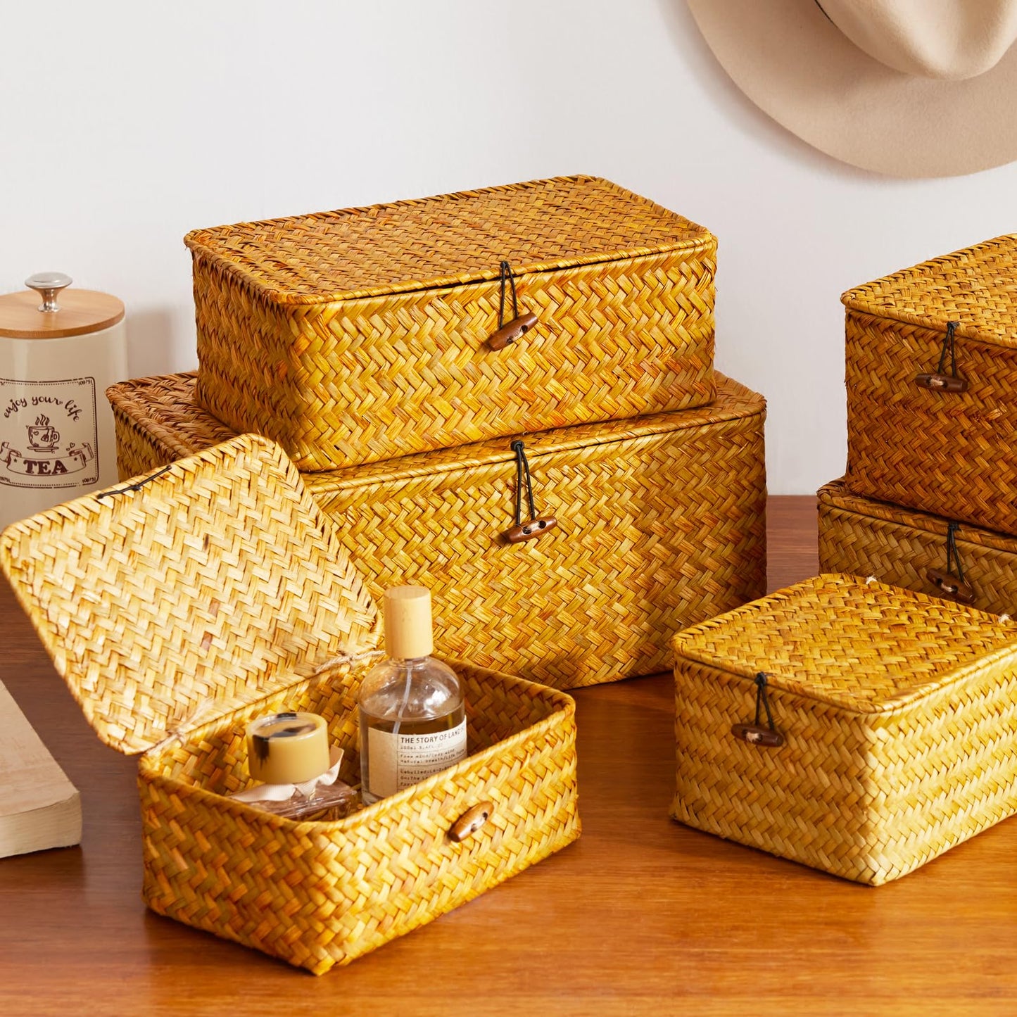 EugroVanth Wicker Storage Box with Lid, Handwoven Baskets for Storage, Rectangle Decorative Baskets Bins Container for Shelf Organizing Home, Set of 3, Natural