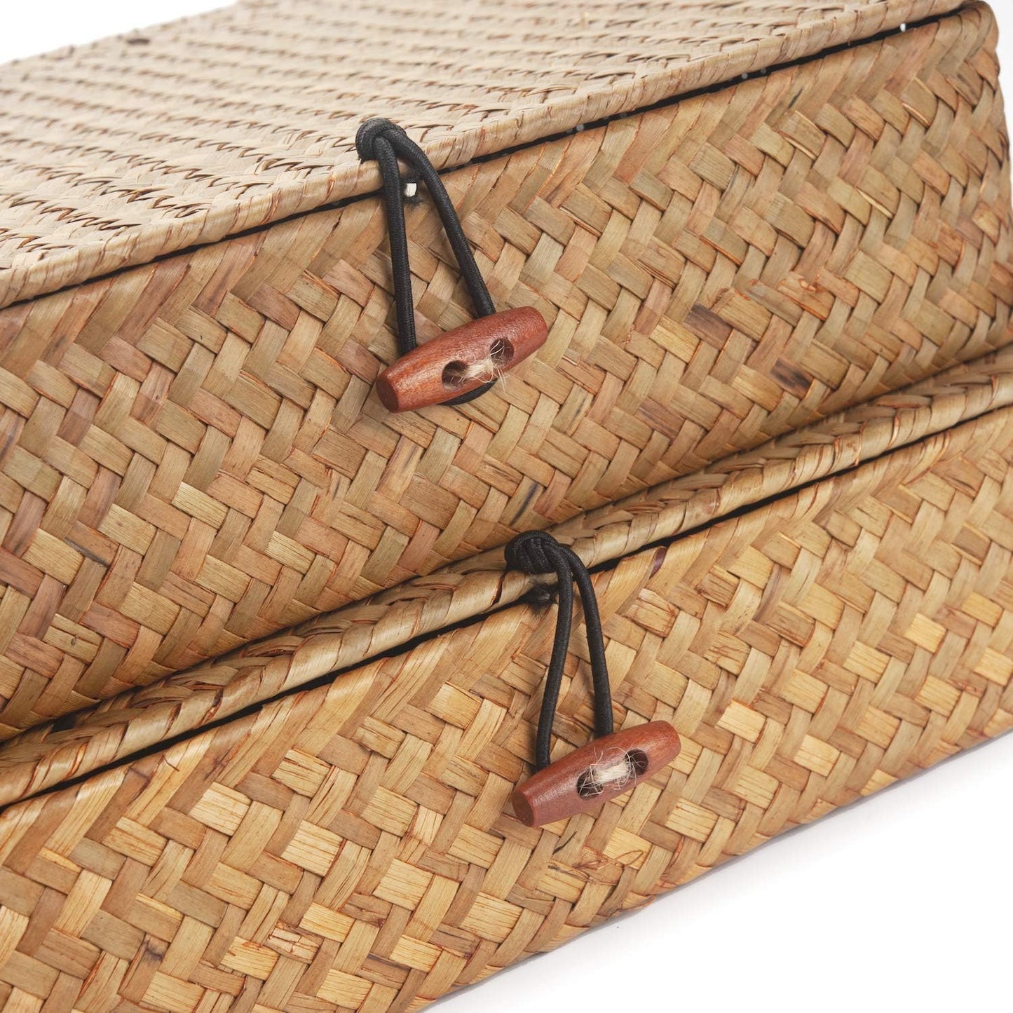 Seagrass Storage Baskets with Lid, Flat Wicker Basket, Shallow Woven Basket for Shelf, Decorative Storage Boxes for Organizing