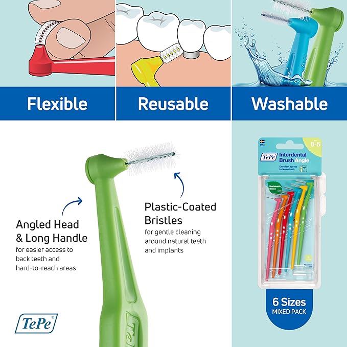 TePe Pack of 6 Interdental Brush Angle, Angled Dental Brush for Teeth Cleaning, Multi Pack