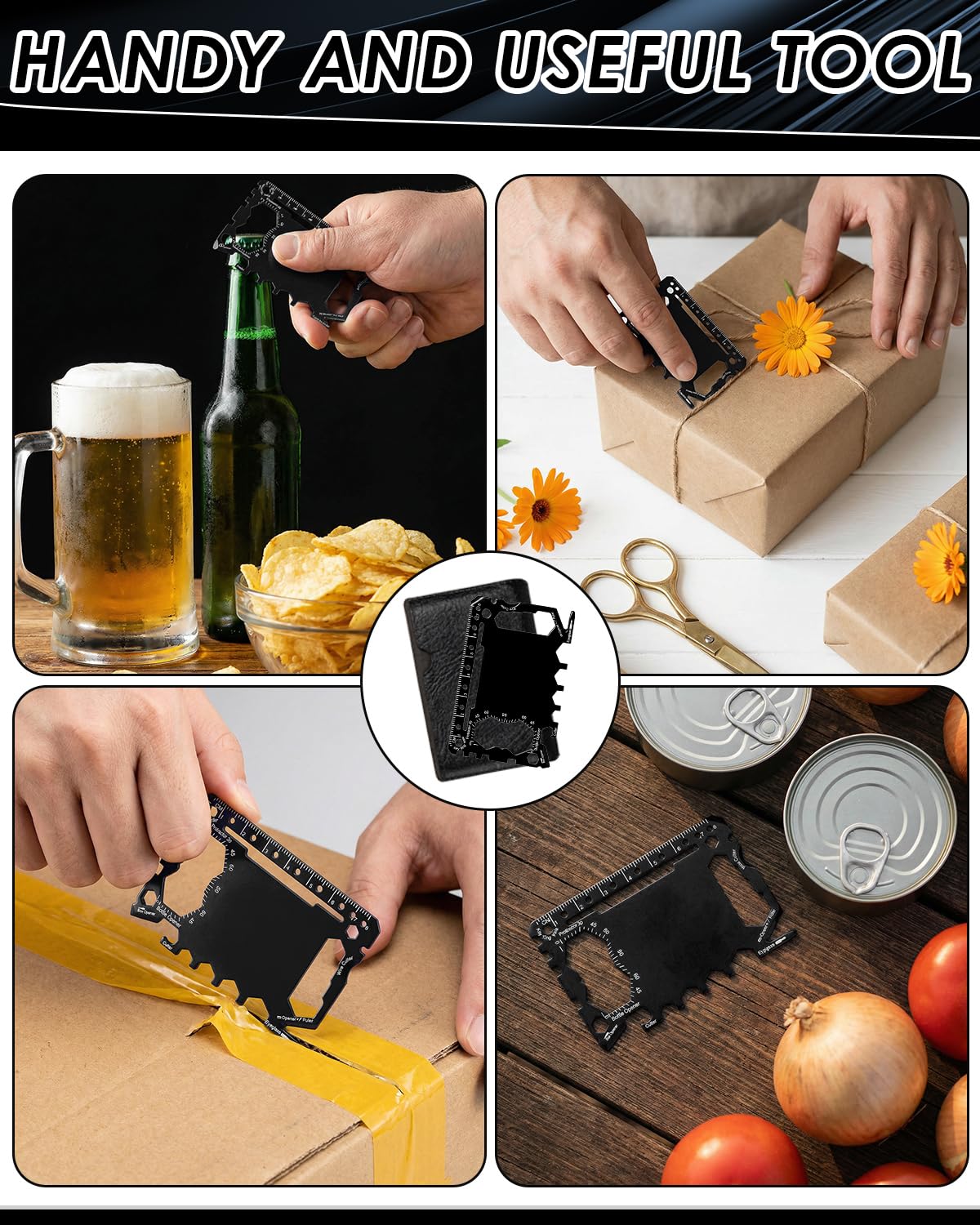 HAYVAN Credit Card Multitool - 12 Set Stainless Steel 46-in-1 Survival Tool Kit, Wallet Multitool Card with Bottle Opener for Camping Outdoor, Bulk Mens Gifts with Gift Envelopes (Black)