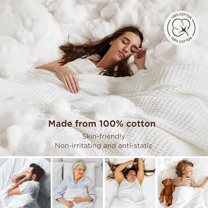 Bedsure 100% Cotton Blanket Queen Size for Bed - Breathable and Soft, Waffle Weave Blanket for Summer Spring, White, 90x90 Inches
