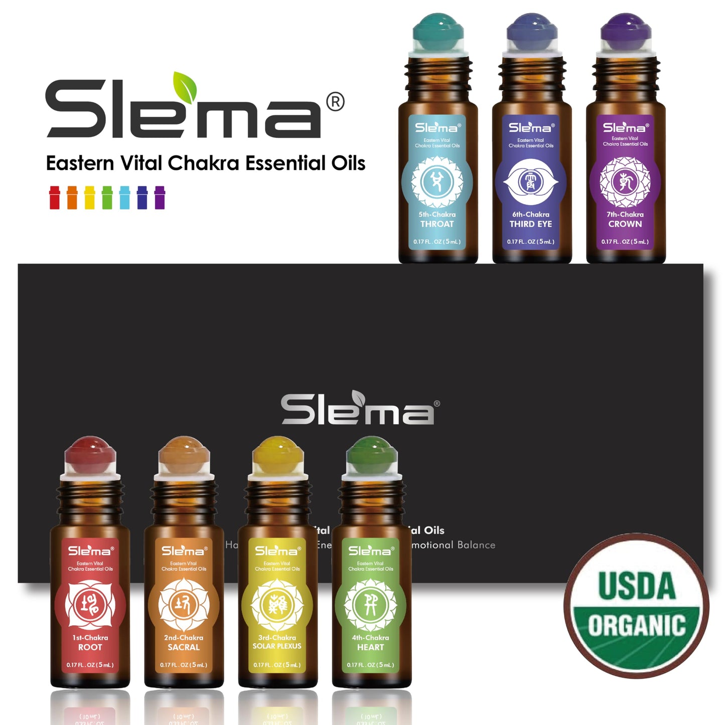 Slema 7 Chakra Essential Oil Roller Gift Set - 7x5ml with Natural Crystal & Jade Rollerballs, Plant-Based Blends for Meditation, Yoga (5mlx7)