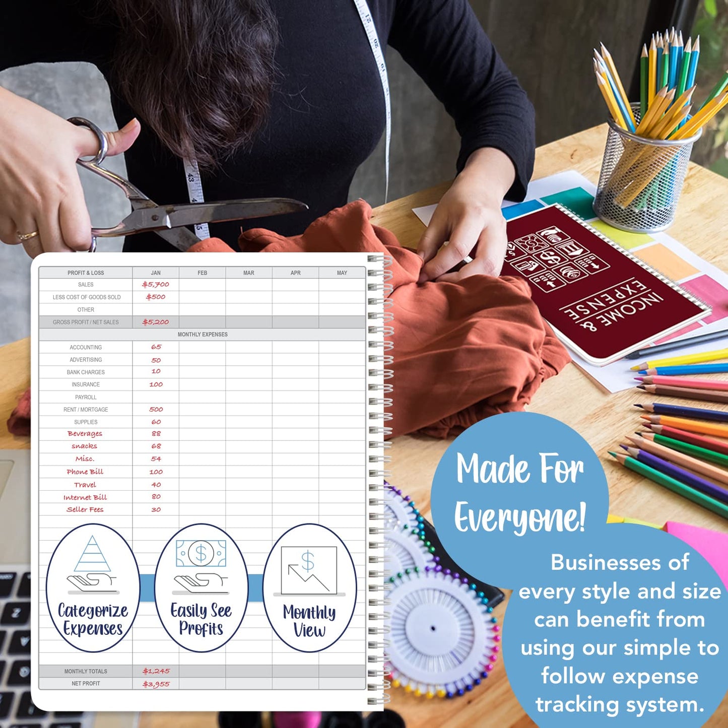 BookFactory Income and Expense Log Book/Tracker/Small Business Ledger Book/Accounting & Bookkeeping Ledger Log Book/LogBook 108 Pages - 8.5'' x 11'' Wire-O (Made in USA)