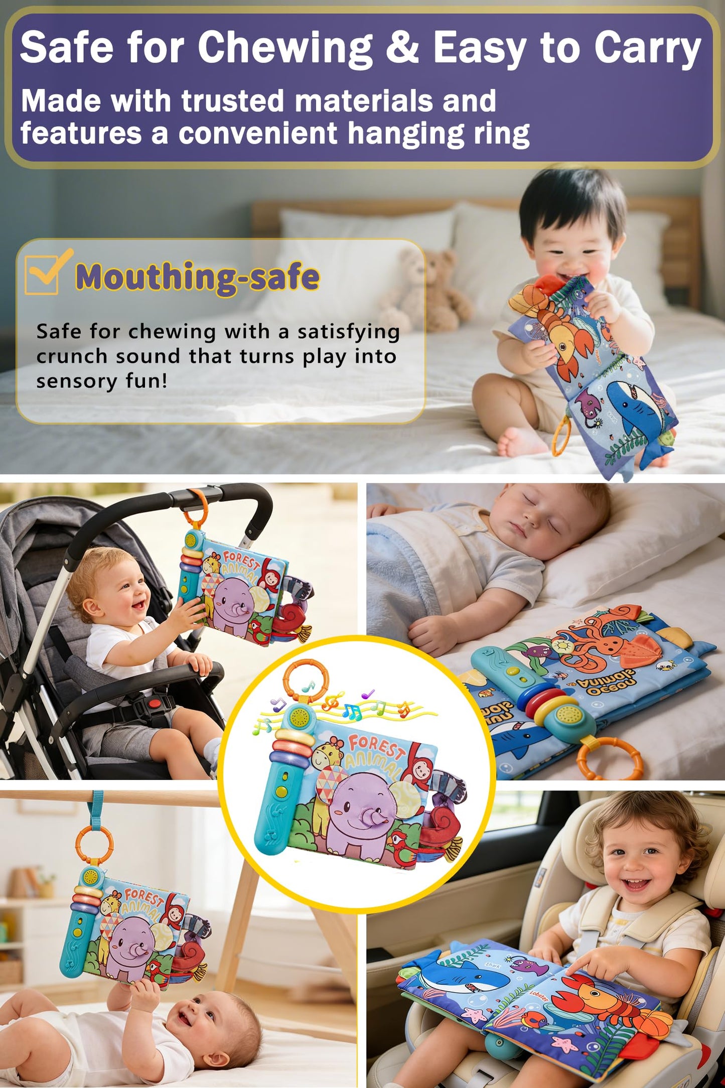 GauJat Cloth Books for Babies 0-6-12 Months, Interactive Soft Sensory Toy with Lights, Sounds & Music, Bite-Proof Educational for Newborns, Infants & Toddlers 0-3 Years (Ocean Animals)