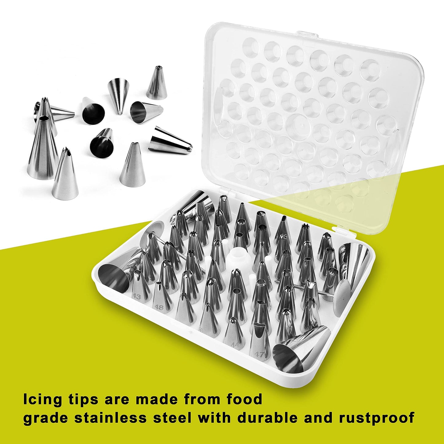 FIVETASCake Decorating kit for Beginners-52 Numbered Icing Tips with Pattern Chart,2 Flower Nails and 1 Coupler.Piping Tips Set with storage box.