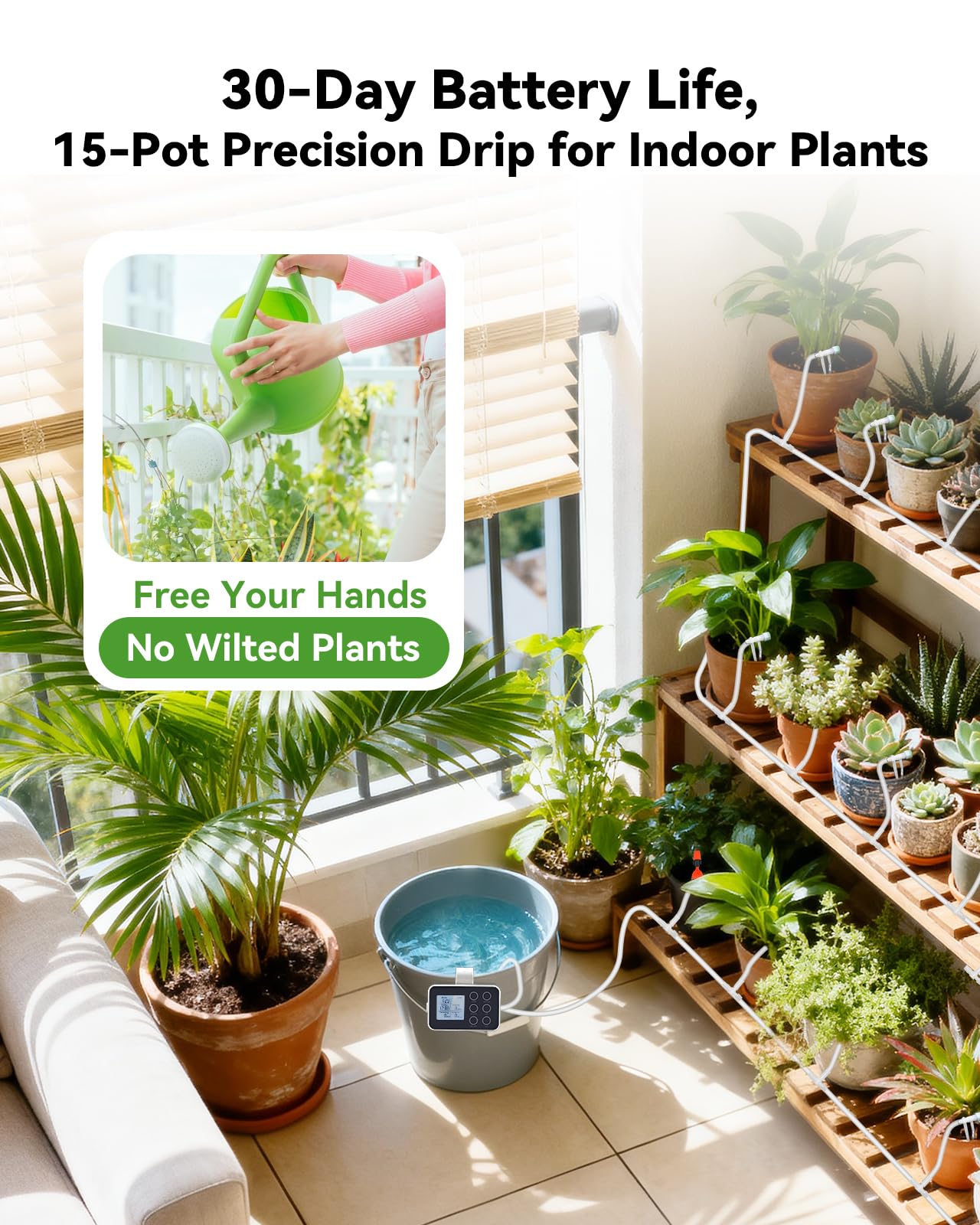 BAOSHISHAN 15 Potted Indoor Plant Watering System with 2-in-1 Spray & Drip Emitter, Battery Powered Automatic Plant Waterer Indoor Programmable Timer for Vacation Travel