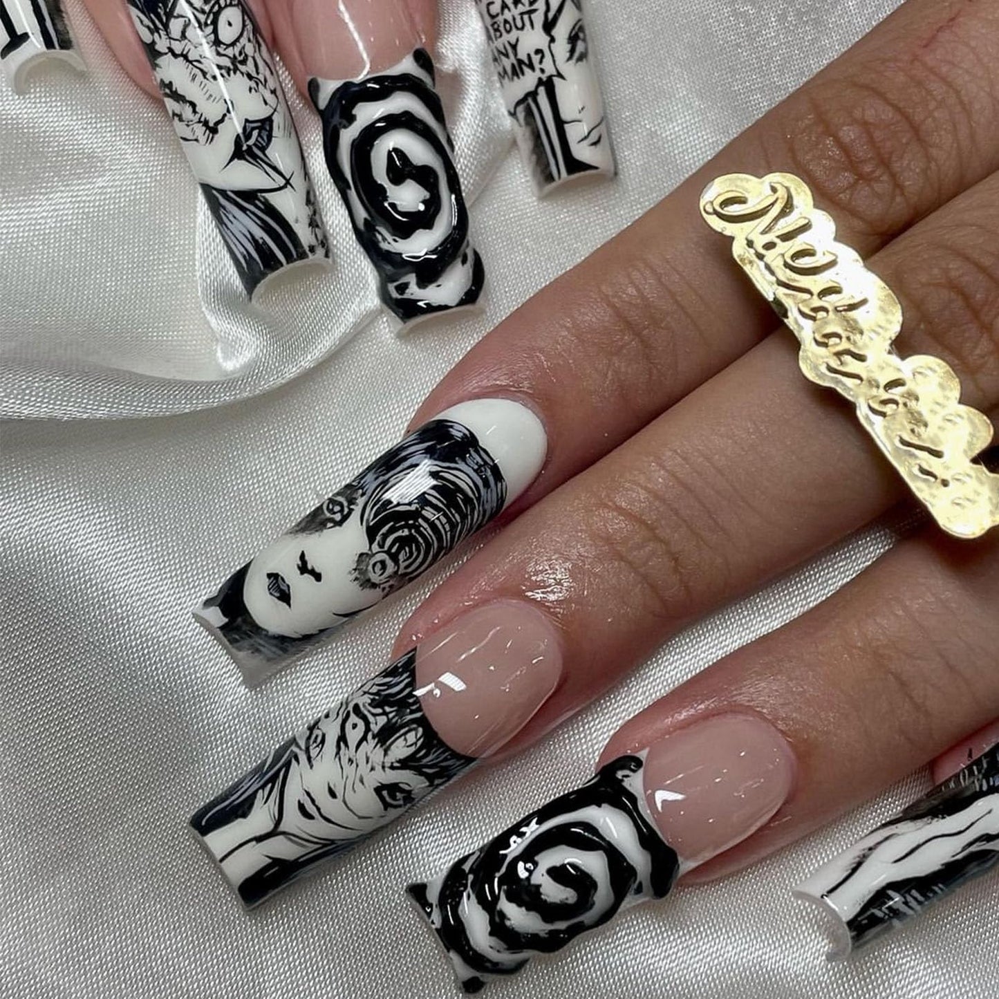 IMSOHOT Long Press on Nails Square French Fake Nails Y2K Black Cartoon Graffiti False Nails Glossy Ballerina Full Cover Acrylic Nails 24pcs