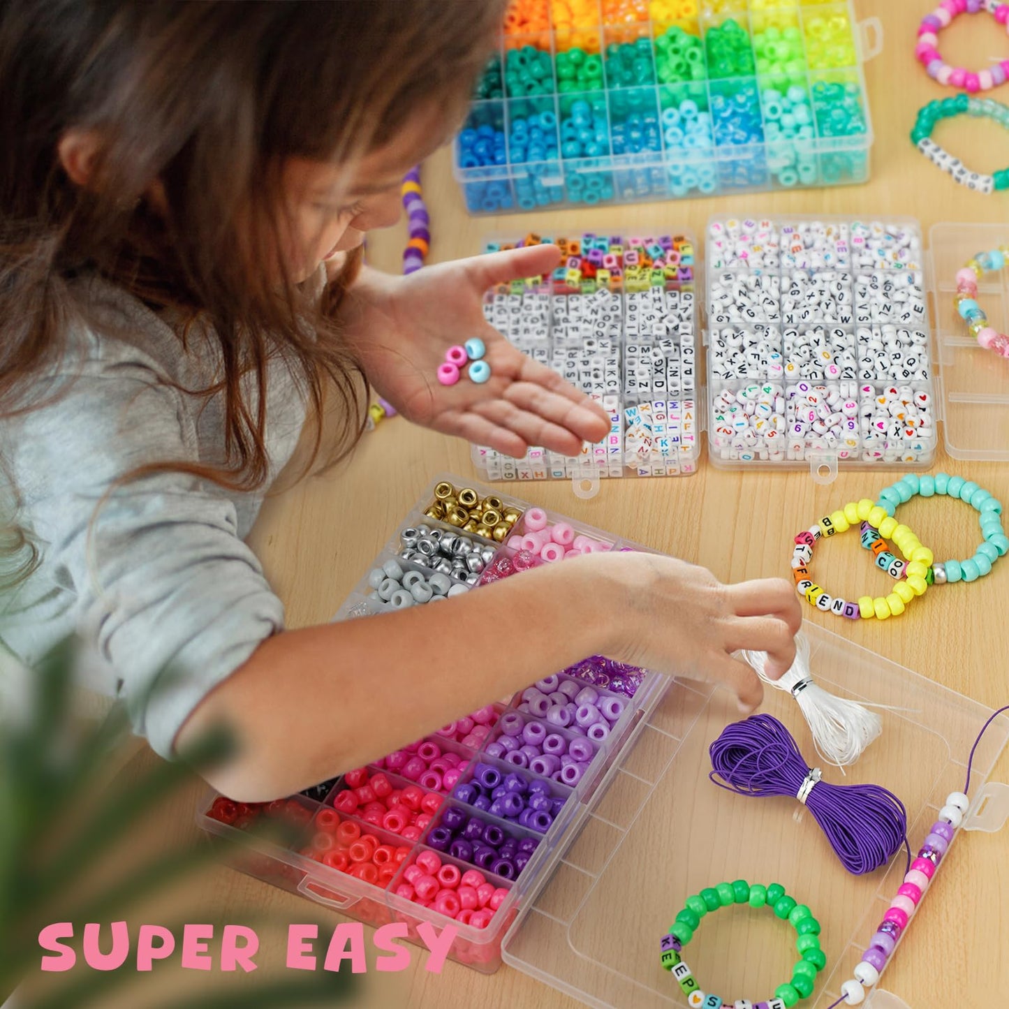 Gionlion 4200Pcs Pony Beads for Bracelet Making Kit, 48 Colors Kandi Beads Bracelet Kit, 2500PCS Rainbow Candy, 1700PCS Friendship Letter Bead with 20 Meter Elastic Strings