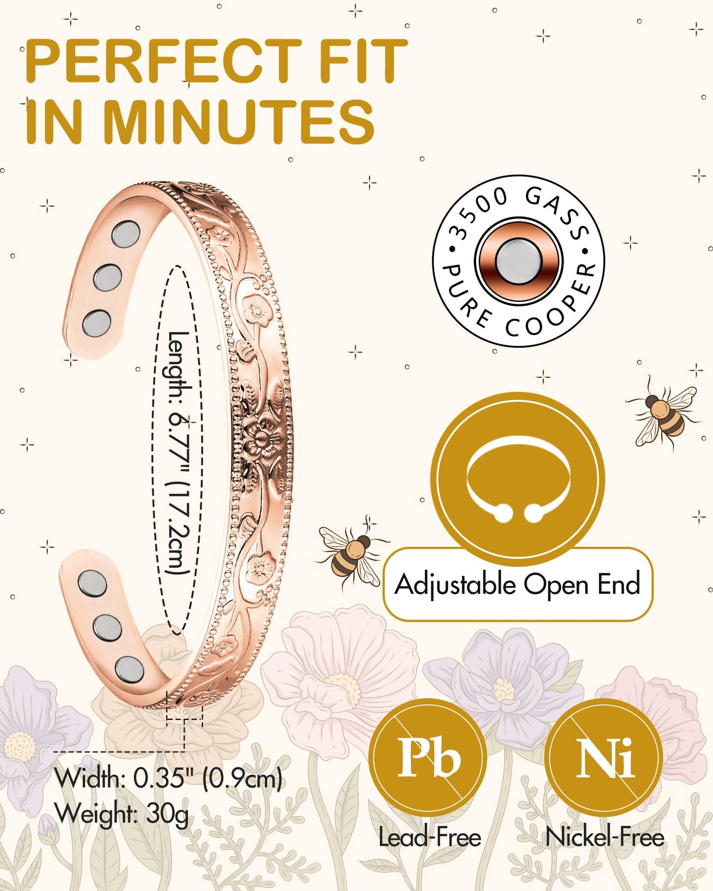 Feraco Copper Therapy Bracelets for Women, Pure Copper Magnetic Cuff Bracelet with Neodymium Magnets, Adjustable with Gift Box, Vintage Flower (Rose Gold)