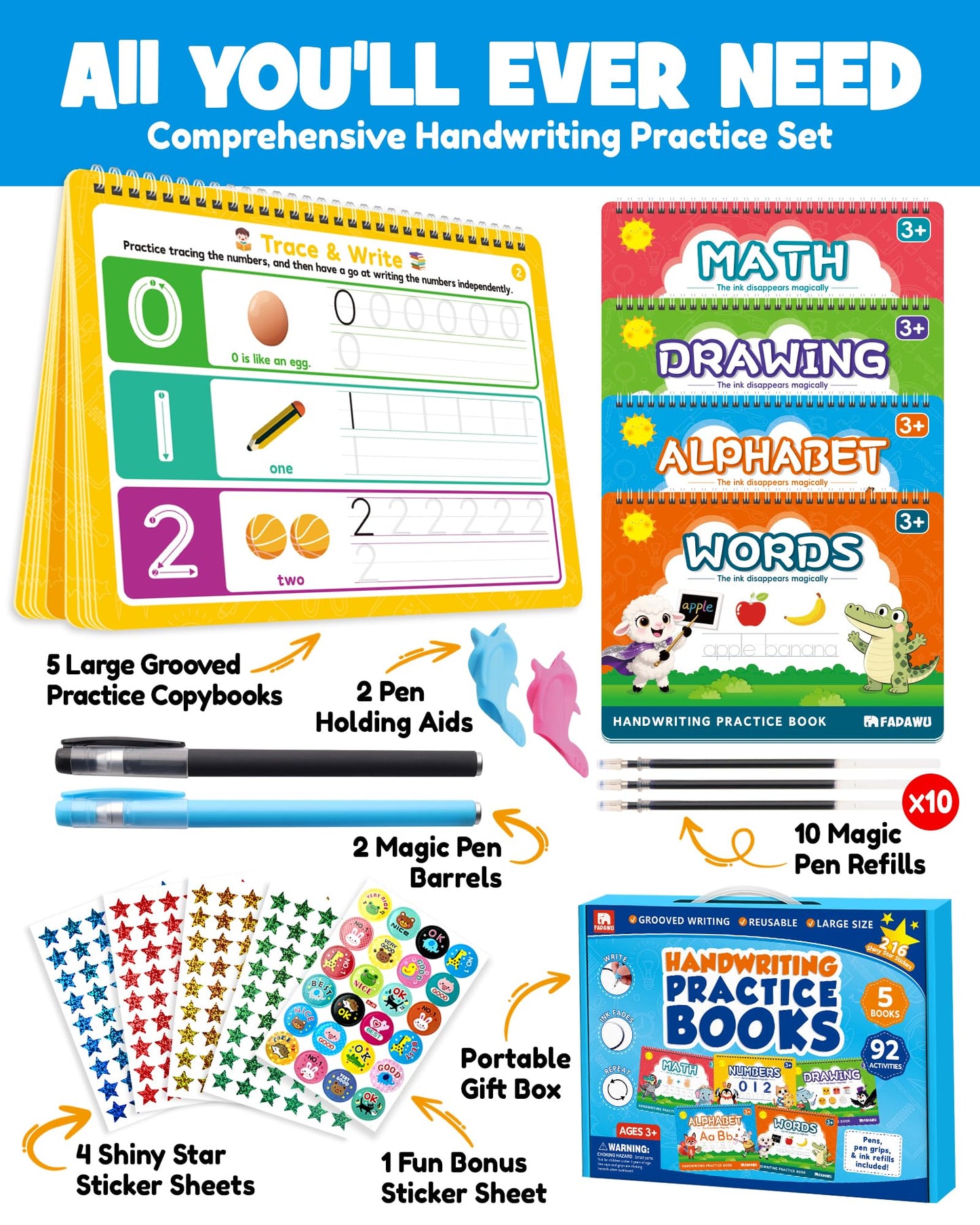 FADAWU Magic Grooved Writing Practice Books for Kids, Large Grooved Handwriting Copybook, Reusable Learn to Write Number Letter Preschool Tracing Workbook for Kids Ages 3-8, Birthday Gifts Toys