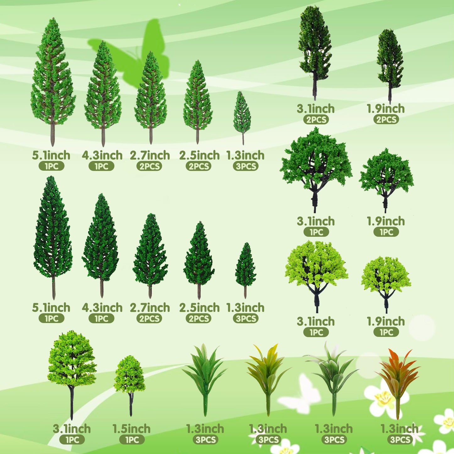 MOMOONNON Model Trees 1.1-5.1inch Mixed Diorama Green Model Trees Colorful Grass Architecture Mini Trees for Crafts Building Model Railway Scenery Landscape Supplies (Style 01)