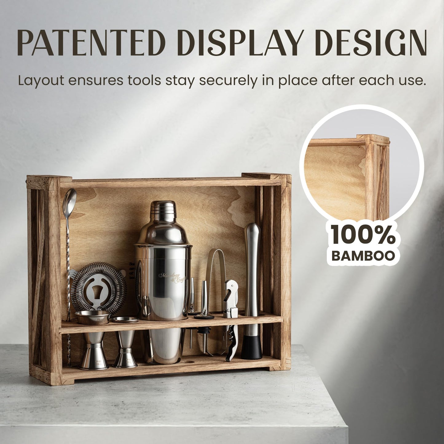 Mixology & Craft Rustic Cocktail Shaker Set – Includes Wood Stand, Complete Barware Kit with 24 Oz Shaker, Dual Jiggers, Pourers, Muddler, Strainer – Perfect for Home Bartenders (Silver)