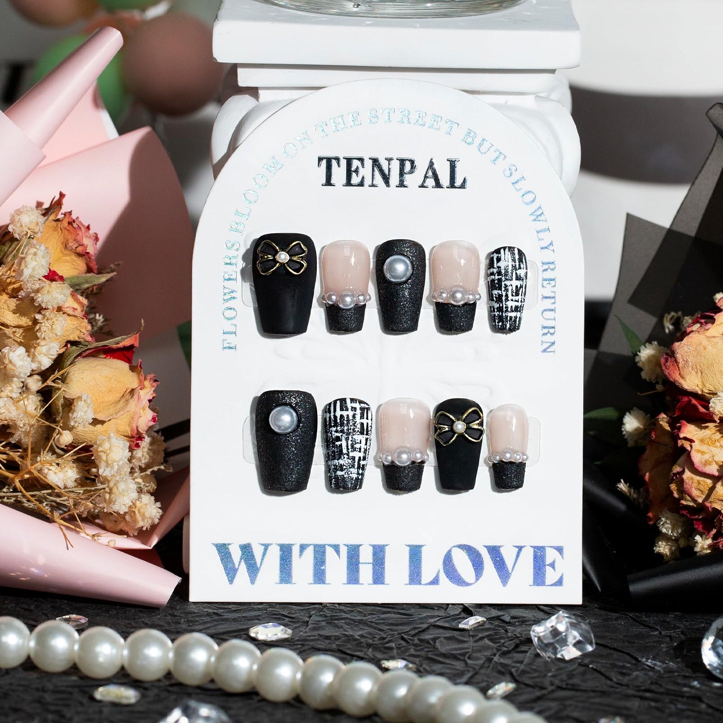 TENPAL Handmade French Tips Press on Nails Medium,Black Gold Pearl & Bow Tweed Coffin Nails,Detachable Luxury Heirloom Elegance Glue on Nails for Fair Skin,Acrylic Wedding Nails for Women(S)