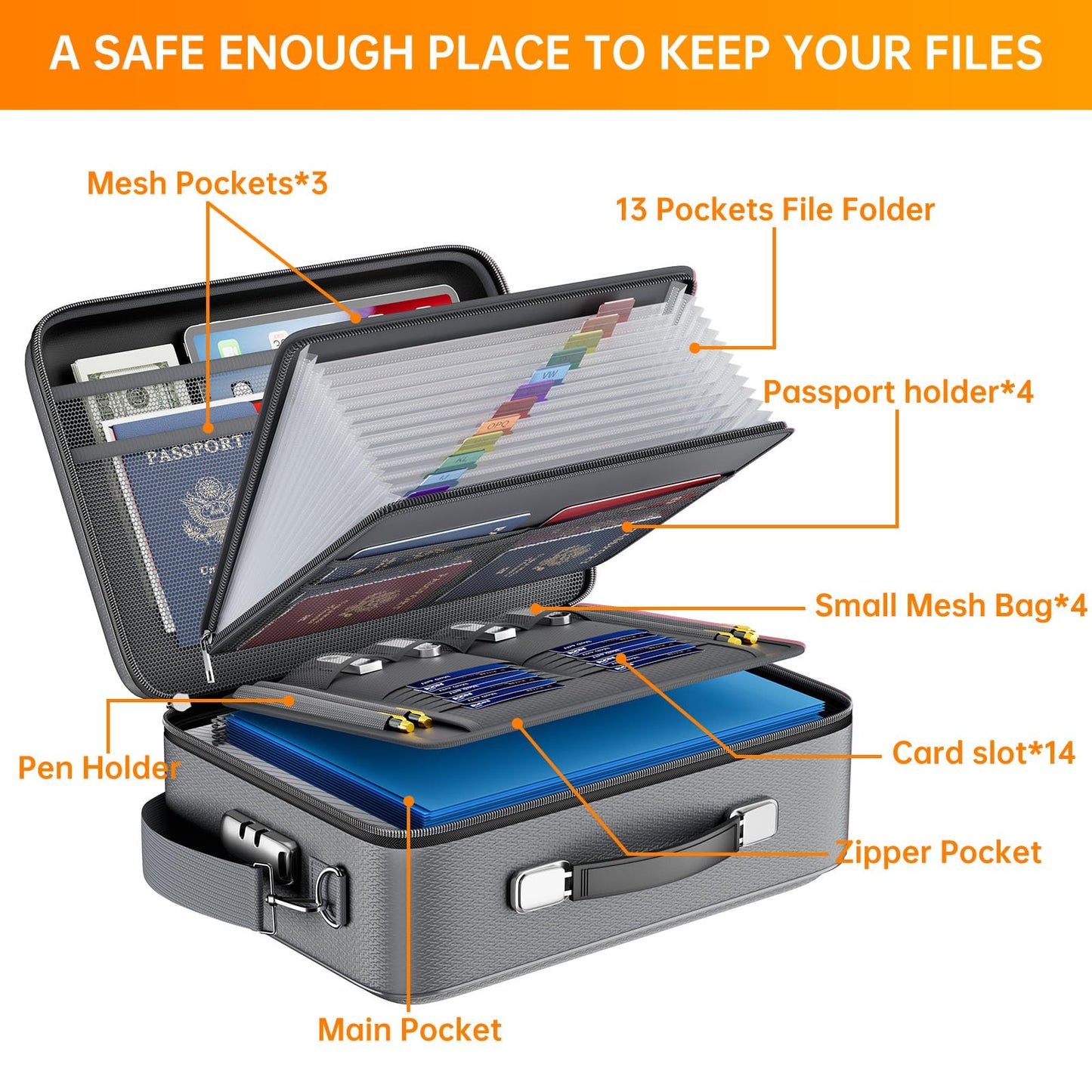 DocSafe Fireproof Document Box with Lock＆Shoulder Strap,Hard Case File Organizer with Accordion File Folder,Multi-Layer Portable Home Office Travel Safe Storage for Important Documents Laptop Gray