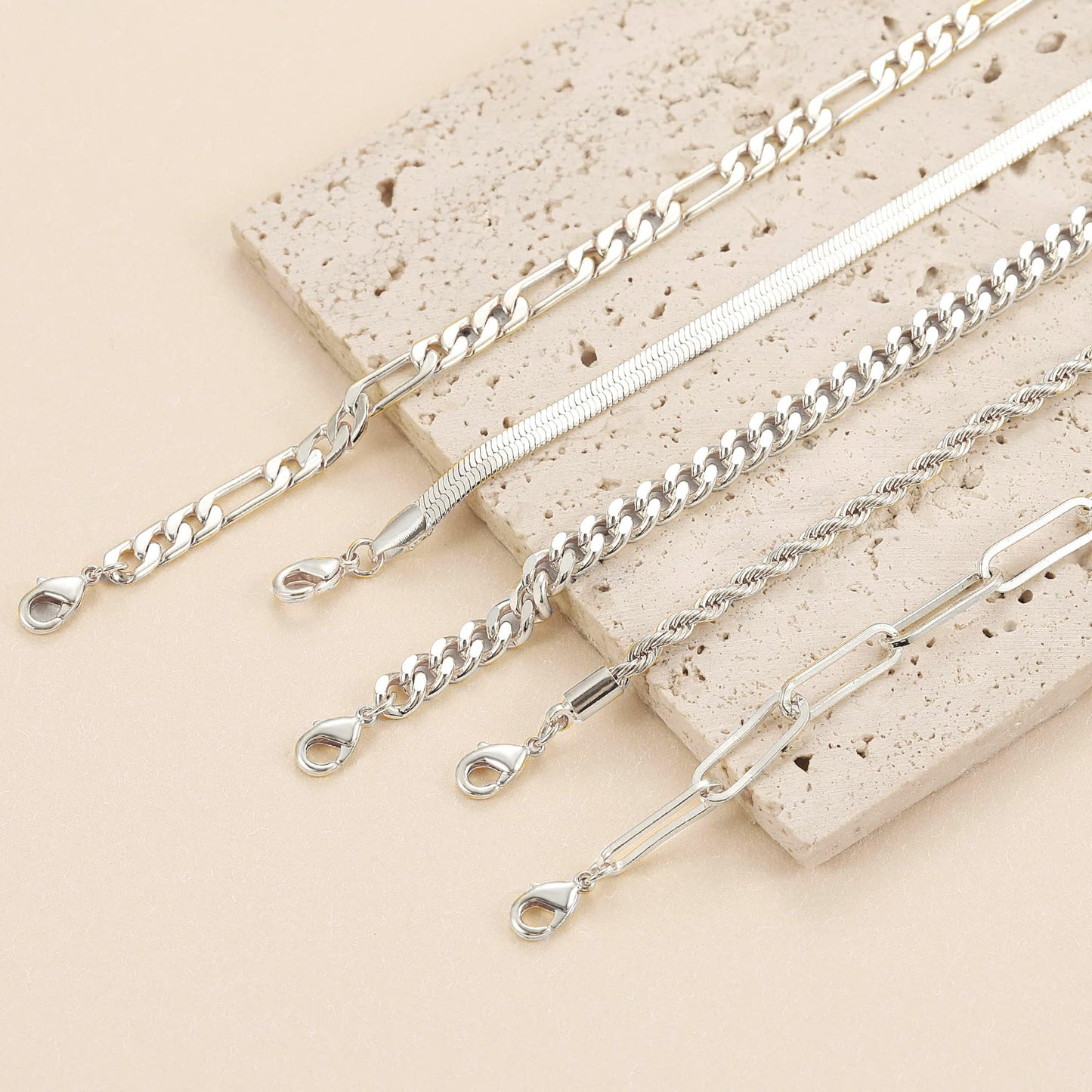 DEARMAY Silver Plated Chain Bracelets for Women Trendy Silver Jewelry Set Cuban Link Bracelets Figaro Paperclip Rope Herringbone Bracelet Pack Gifts