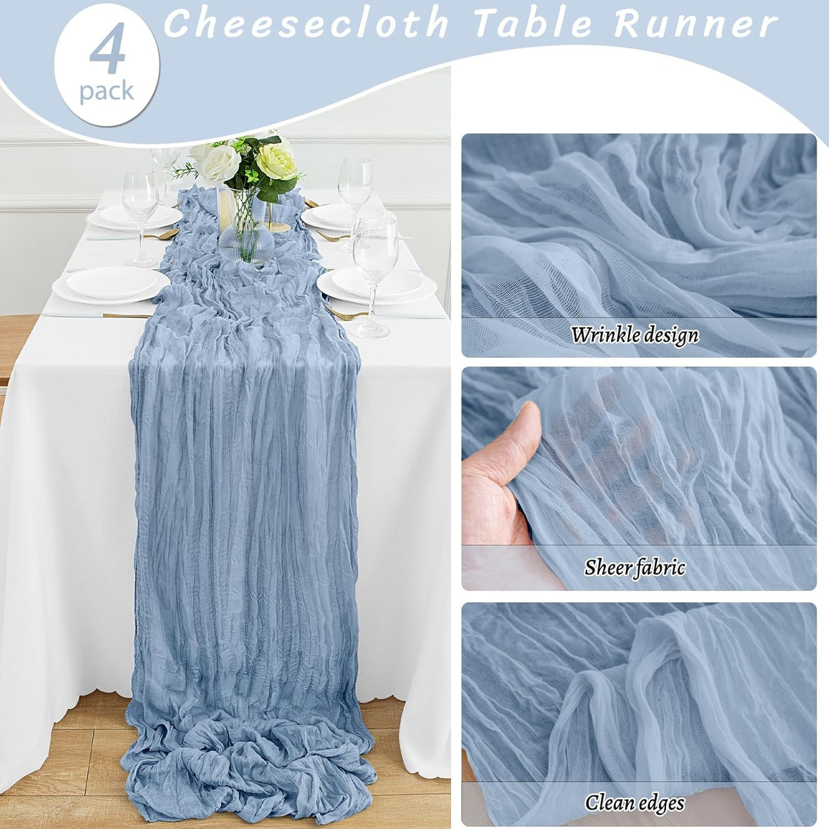 4Pack Dusty Blue Table Runner 10FT Cheese Cloth Table Runner 35x120Inch Long Boho Table Runners Rustic Gauze Table Runners for Party Wedding Bridal Shower Baby Shower Decorations