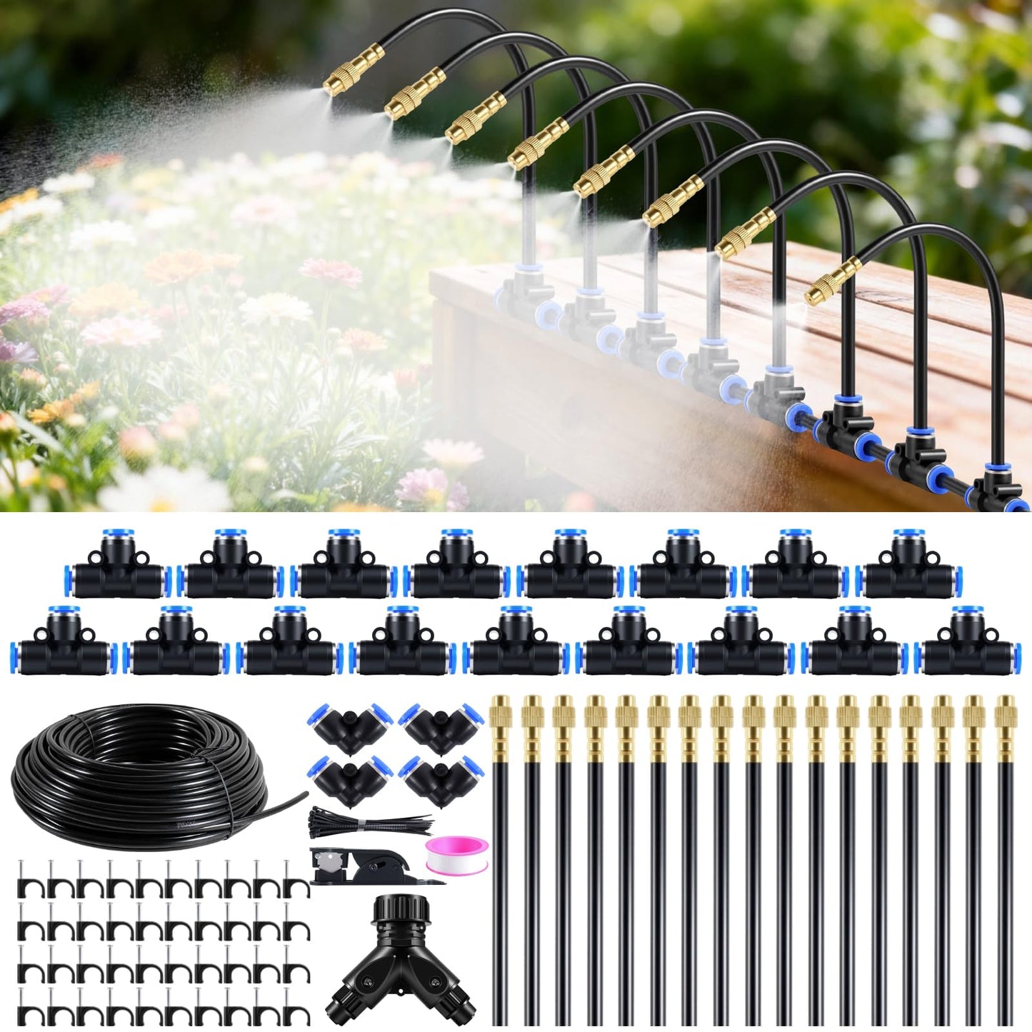 Qzefmlix 100FT Drip Irrigation System,Garden Watering System with 17 Copper Nozzles&1/4" Tubing, 360° Adjustable Irrigation System for Garden,Automatic sprinklers for Yard,Raised Beds&Greenhouse