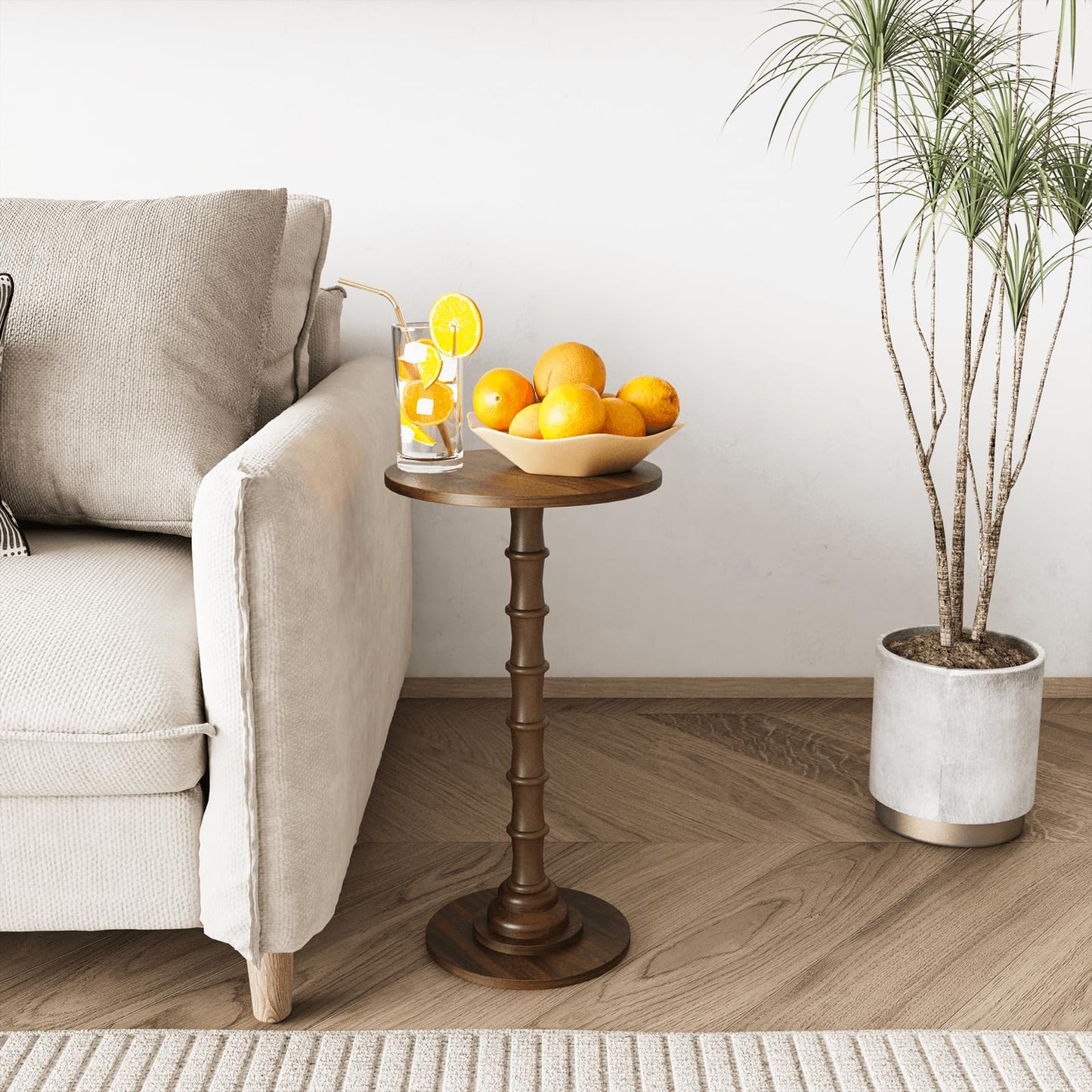 Leomonio Round Side Table, Modern Drink Table for Small Spaces, Slim End Table with Solid Wood Leg for Living Room, Bedroom, Corners, and Office (Walnut Brown)