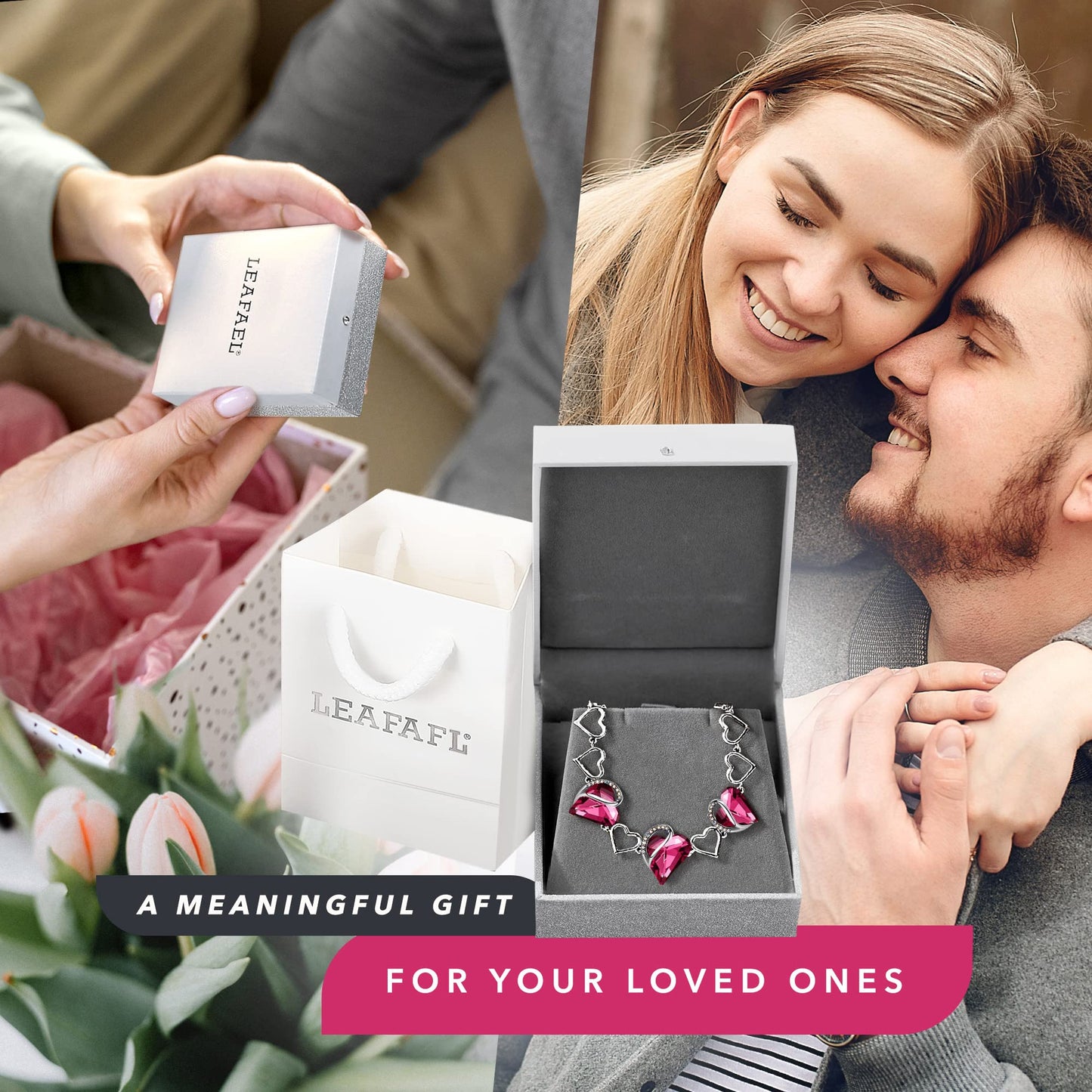 Leafael Infinity Love Heart Gift Bracelet for Women, October Birthstone Crystal, Tourmaline Hot Pink, Silver Tone, 7-inch Chain and 2-inch Extender