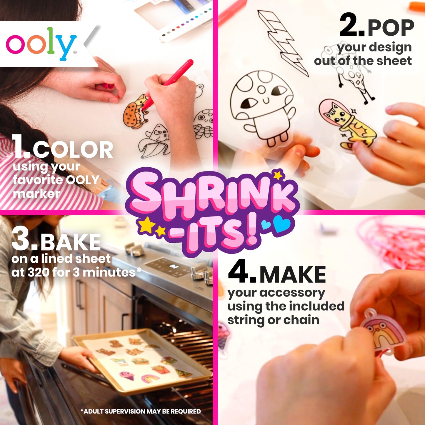 Ooly 28 PC DIY Shrinking Art Kit for Kids, 20 Plastic Pre Cut Charms and More, No Mess Creative Activity Jewelry Making Kit - Fun Friends