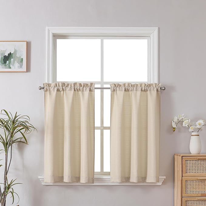 Chyhomenyc Kitchen Curtains 24 Inch Length, Light Filtering Faux Linen Textured Short Window Curtain for Bathroom Basement, Small Curtains for Cabinet Stall, Each 30x24 Inch, 2 PCS, Linen Color