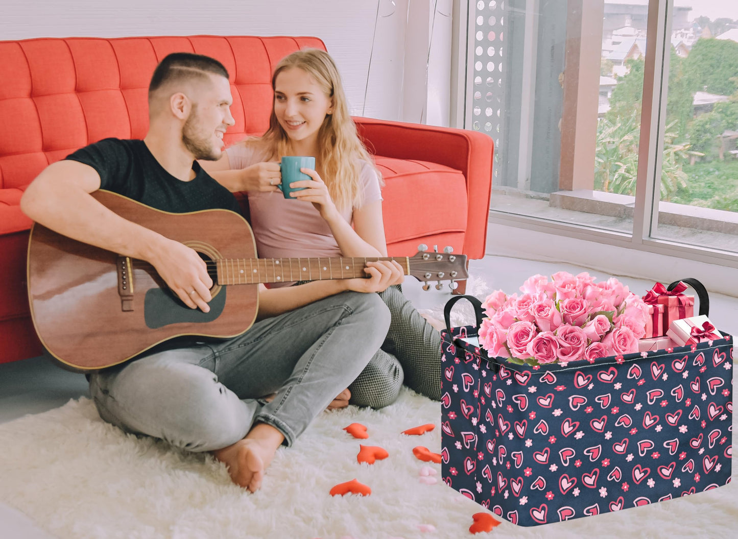 VAIVUSTO Rec Heart Print Box Hamper Storage Basket Collapsible Organizer Bin Gift Shelf Baskets for Home and Kitchen Storage