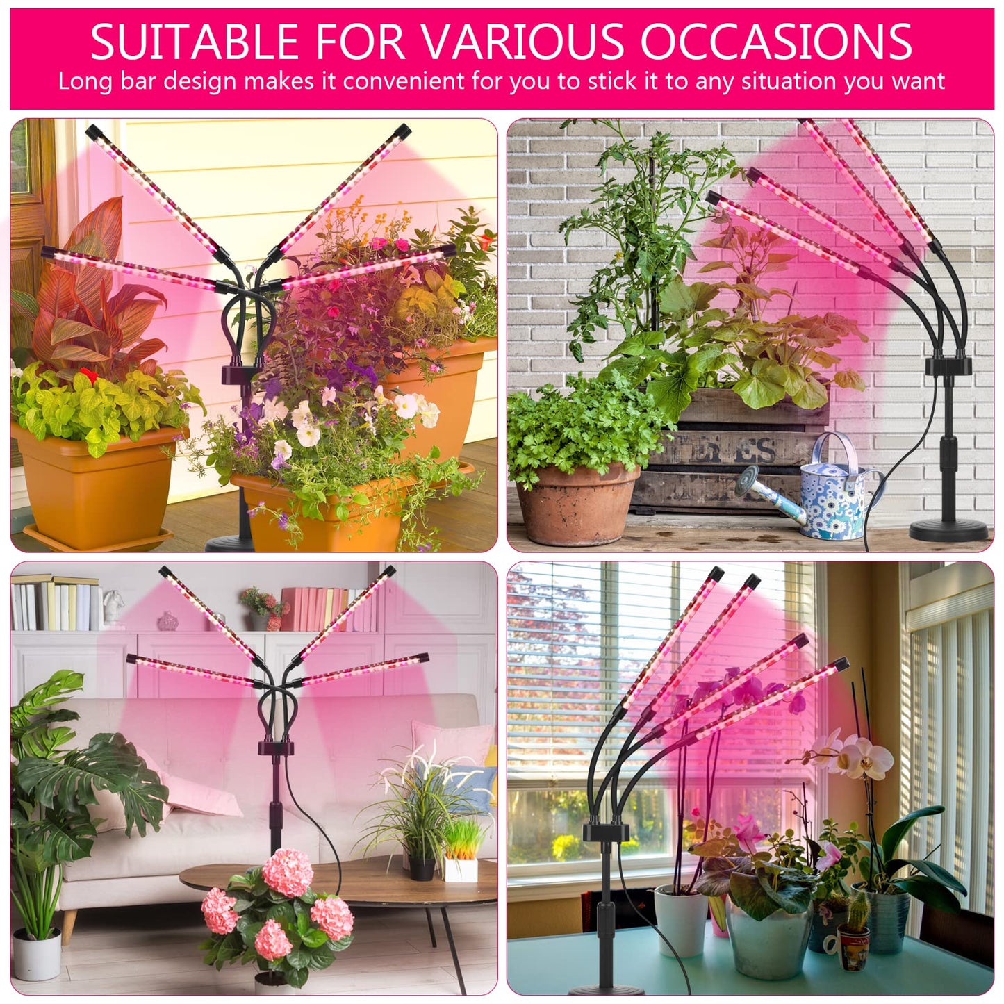 Grow Lights for Indoor Plants, Four Head LED Grow Light with Full Spectrum, Red White Spectrum for Indoor Plant Lamp, Adjustable Gooseneck, Suitable for Vegetation