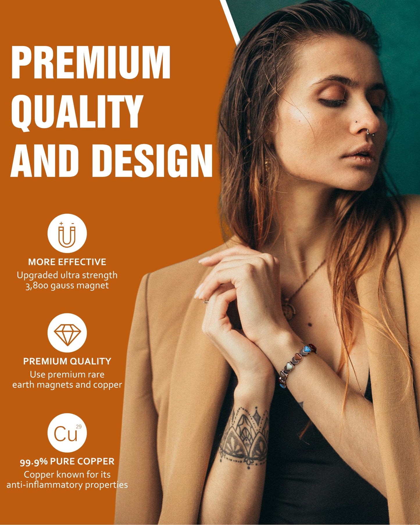 Jecanori Copper Bracelets & Ring for Women,Magnetic Bracelets for Women with 3800 Gauss Ultra Magnets and Sizing Tool