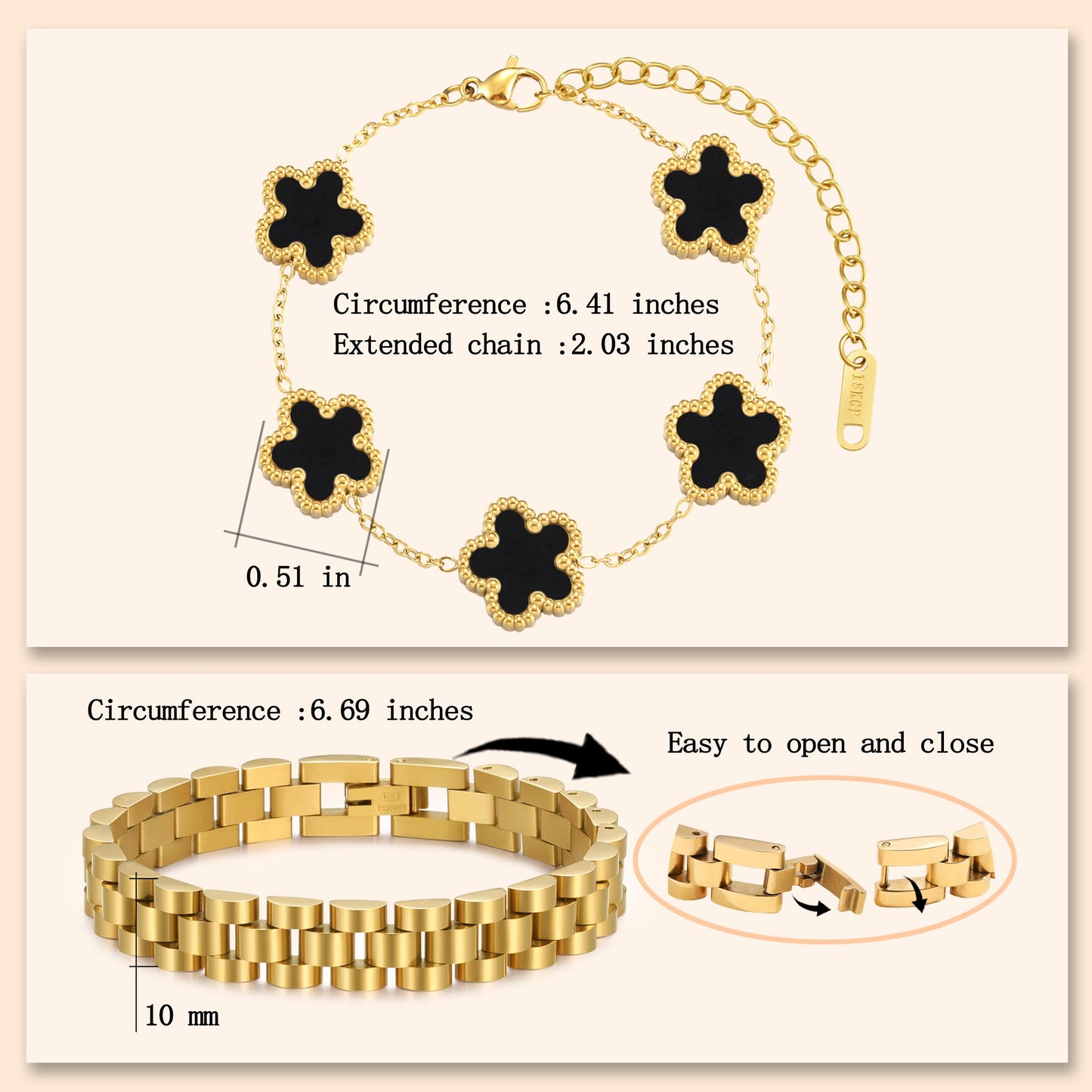 YOQ Stackable Four Leaf Clover Bracelets for Women, 18K Gold Plated Love Bangle Bracelets Set, 2 Pcs Charm Jewelry Gifts (Black 2Pcs-W)
