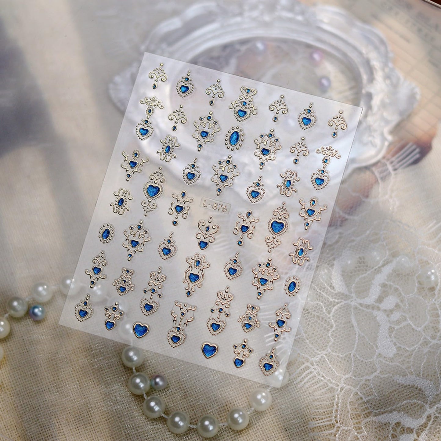 Gem Pattern Nail Art Stickers, 3D Embossed Retro Nail Decals, Self Adhesive Baroque Nails Decoration Supplies for Women Nails Design(Blue Gem-6 Sheets)