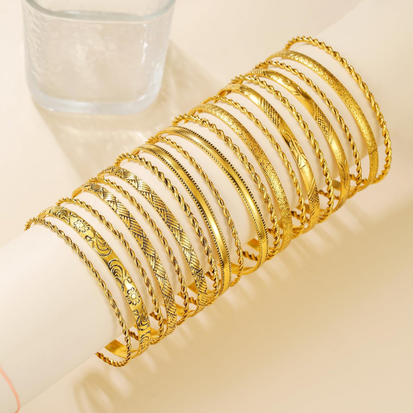 AYWFCBF 19 Pcs Gold Bangles for Women Stackable Indian Bangles Multi Layer Textured Retro Gold Bracelets Jewelry Set Gifts for Women