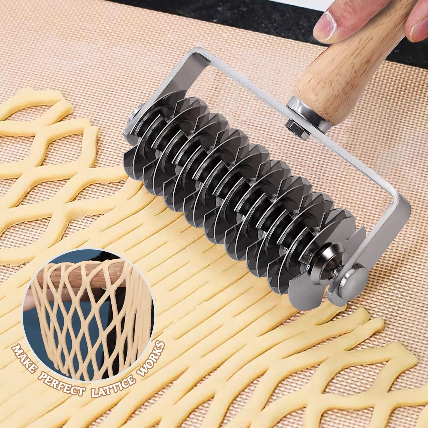 JuyVerq Pastry Lattice Roller Cutter, Stainless Steel Lattice Dough Cutter Wood Handle, Professional Pastry Crust Cutter, Household Time-Saver Cutting Tool Pie Bread Beef Wellington Pizza