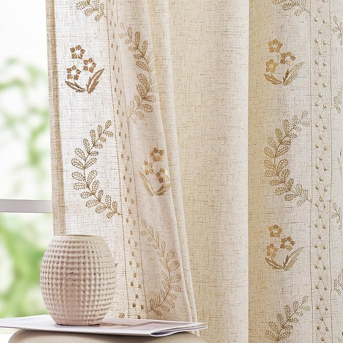 jinchan Belrose 4 Panel Curtains Set 84 Inch Length Floral Curtains Linen Blend Beige Embroidered Drapes Farmhouse Flower Patterned Drapes for Living Room Bedroom Window Treatments Set of 4