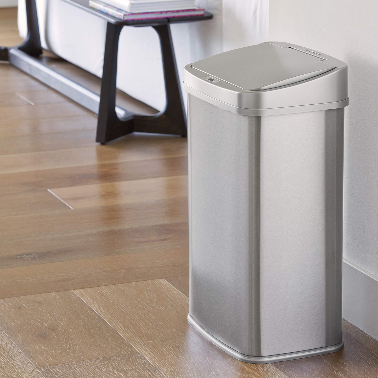 Ninestars 13 Gallon Automatic Trash Can, 50L Touchless Motion Sensor Garbage Can with Odor-Sealing Lid, Rectangular Stainless Steel, Silver Trim