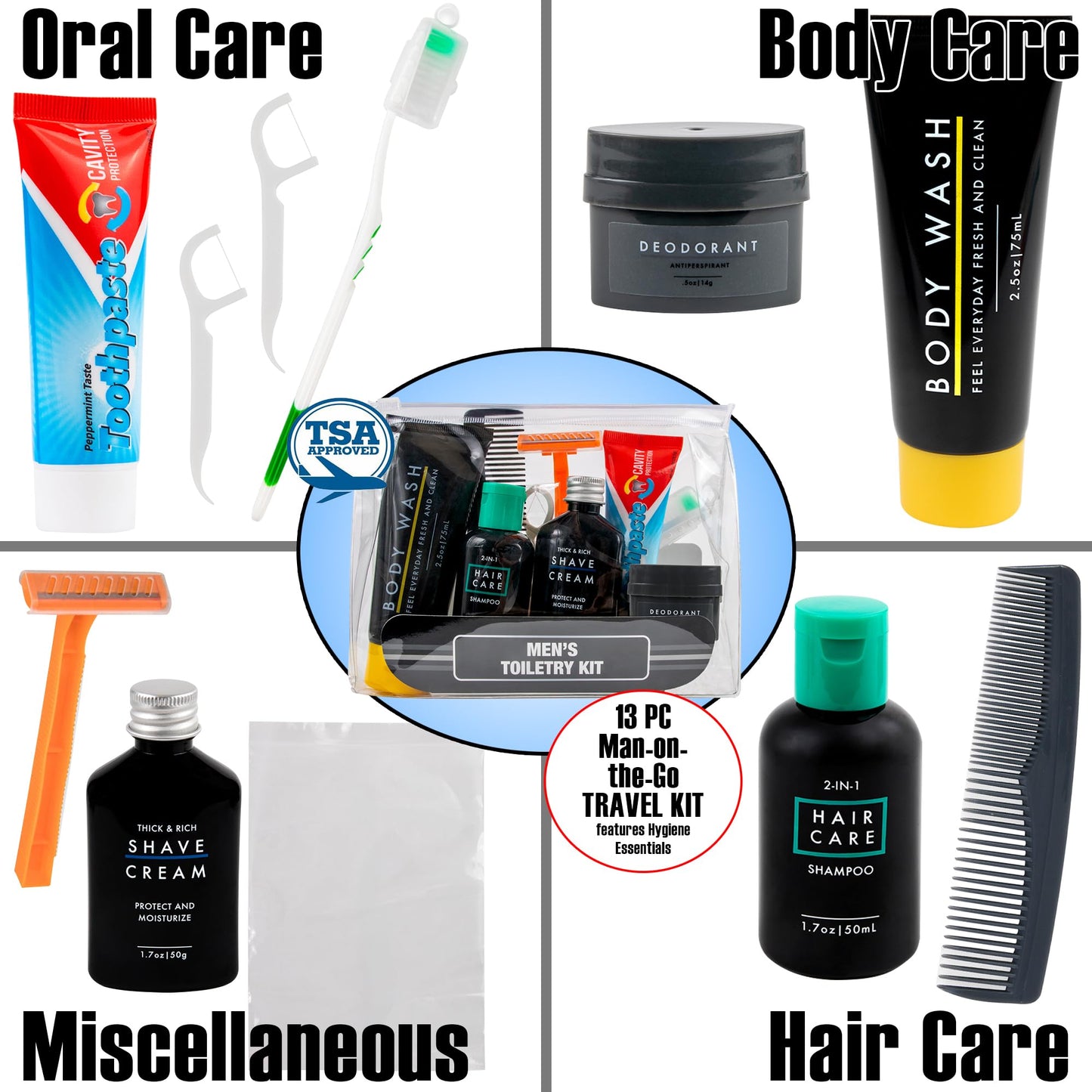 Trail maker Men’s Travel Toiletry Bag with Supplies, 13 Piece Travel Size TSA Compliant Oral Care and Grooming Essentials Kit