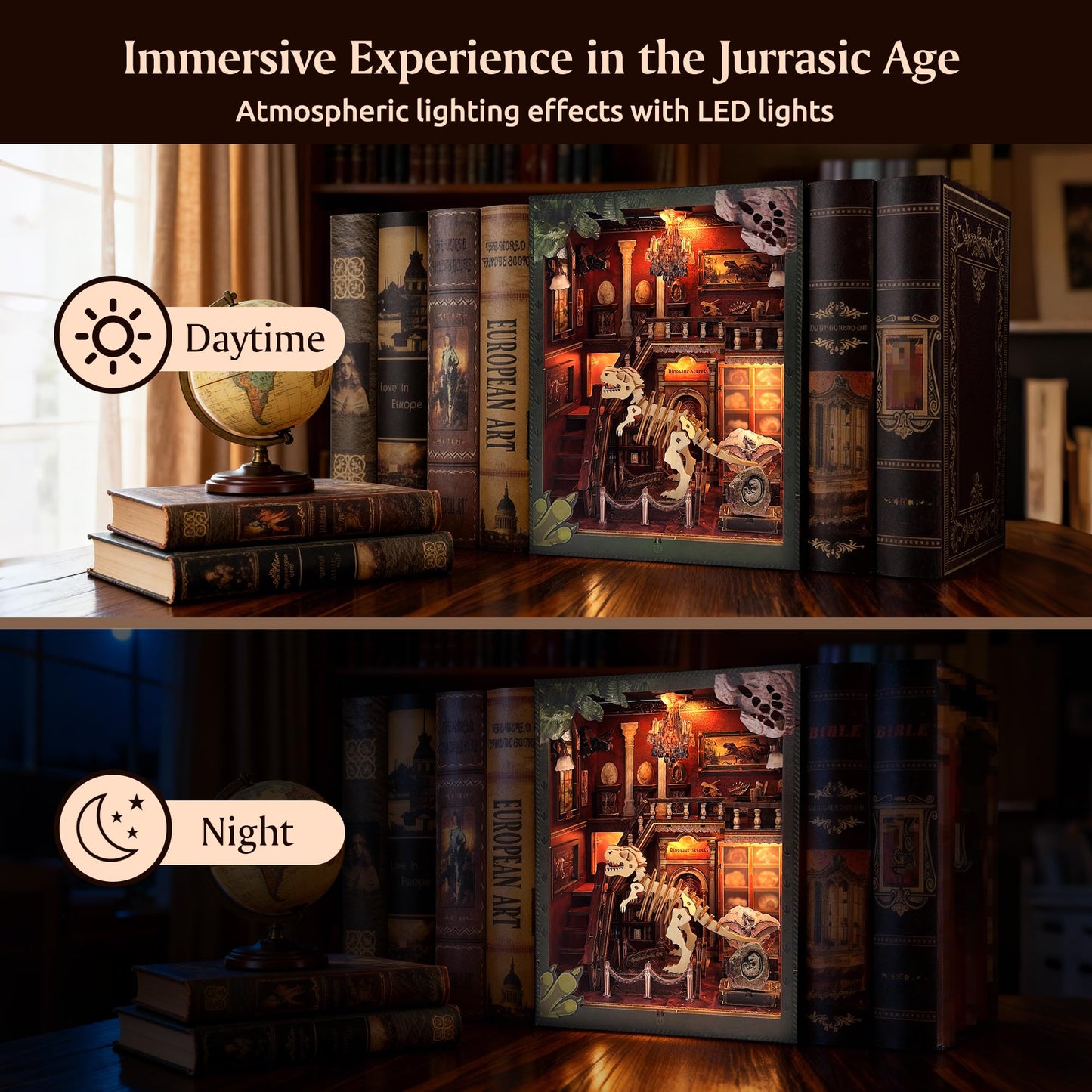 Soothee DIY Book Nook Kit with LED Lights | 3D Puzzles for Adults & Teens, Miniatures and Model Building Kits for Bookshelf Decor, Relaxing & Unique Gift for Craft Lovers | Dinosaur Museum